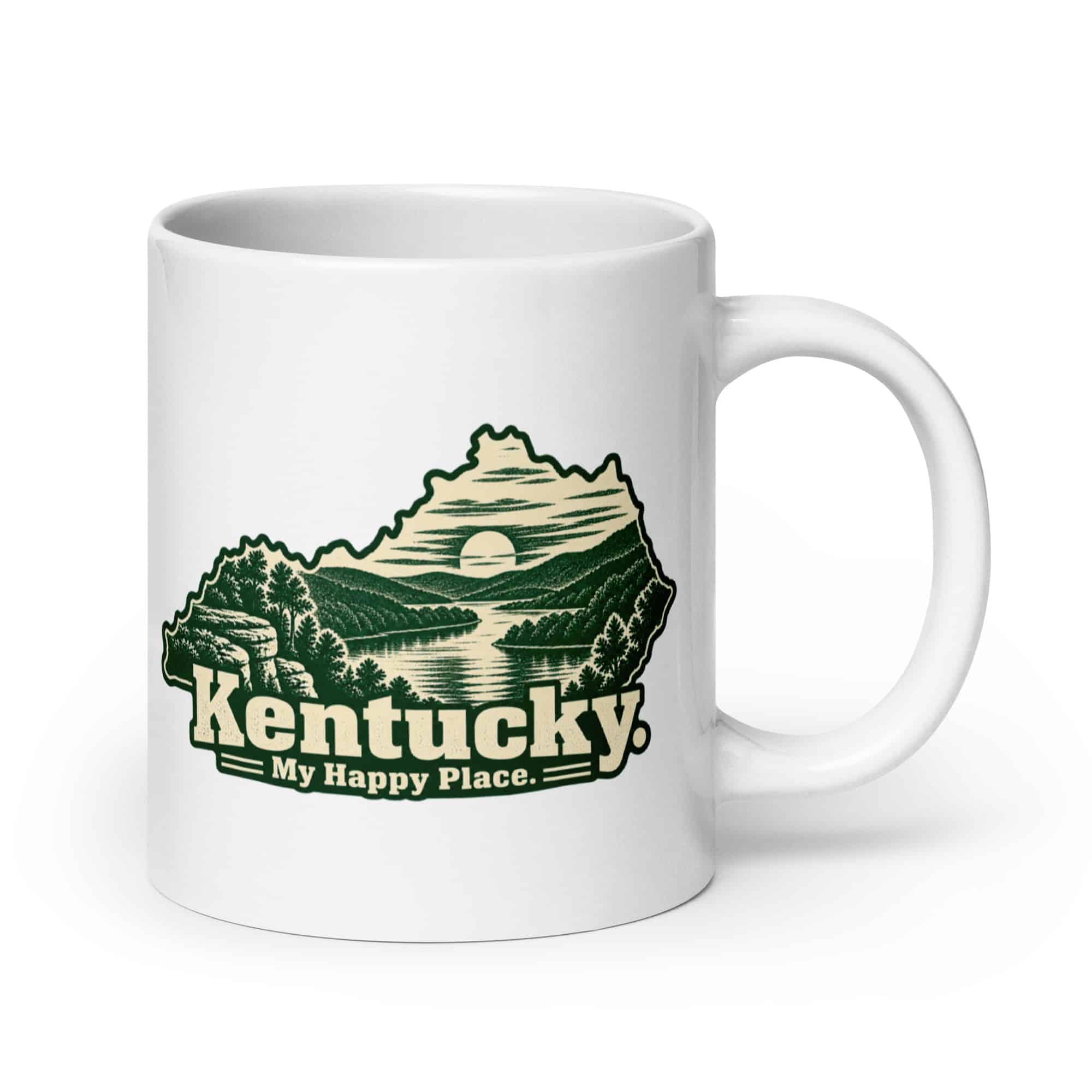 Kentucky White Ceramic Coffee Mug: River valley at sunset, Woodcut Kentucky Silhouette