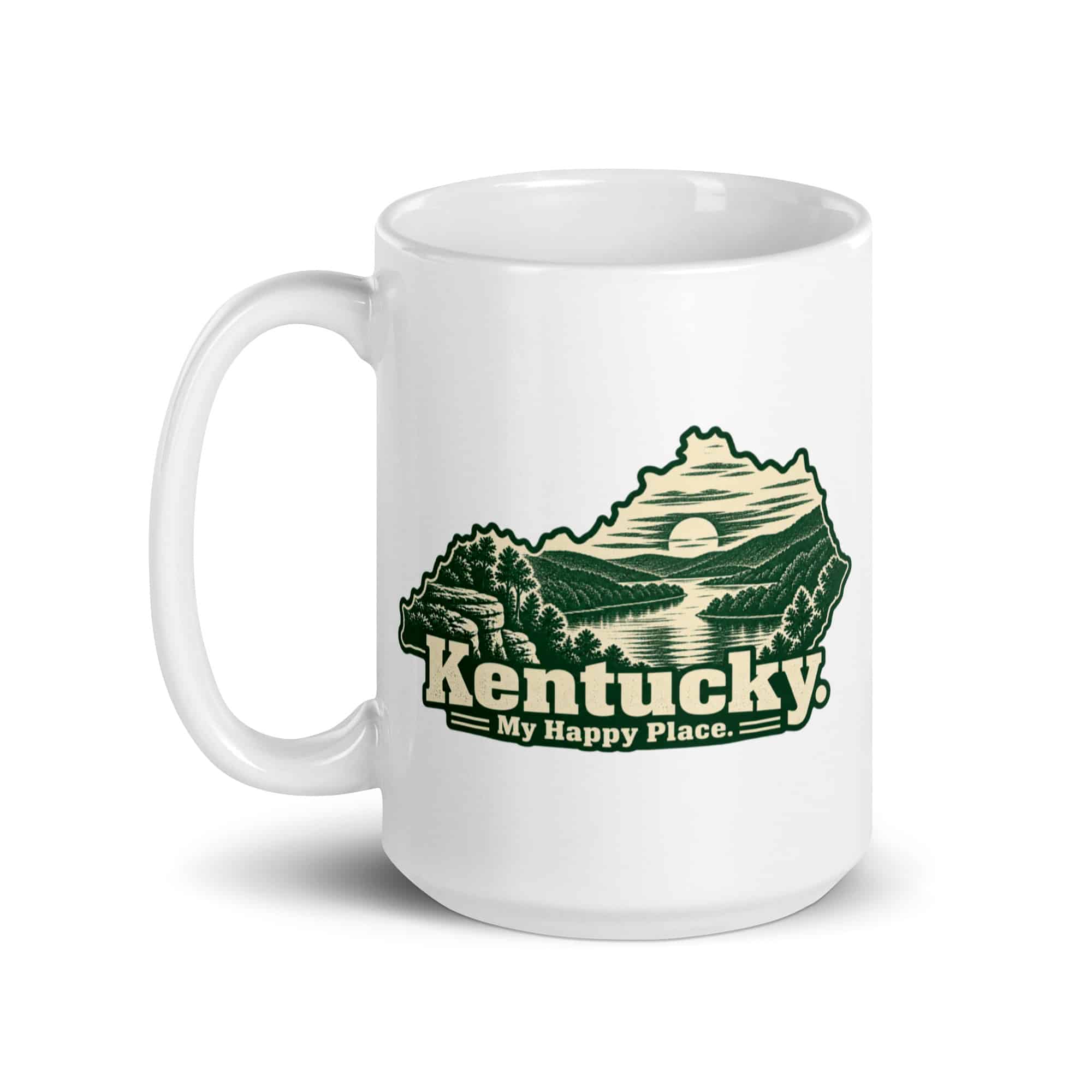 Kentucky White Ceramic Coffee Mug: River valley at sunset, Woodcut Kentucky Silhouette