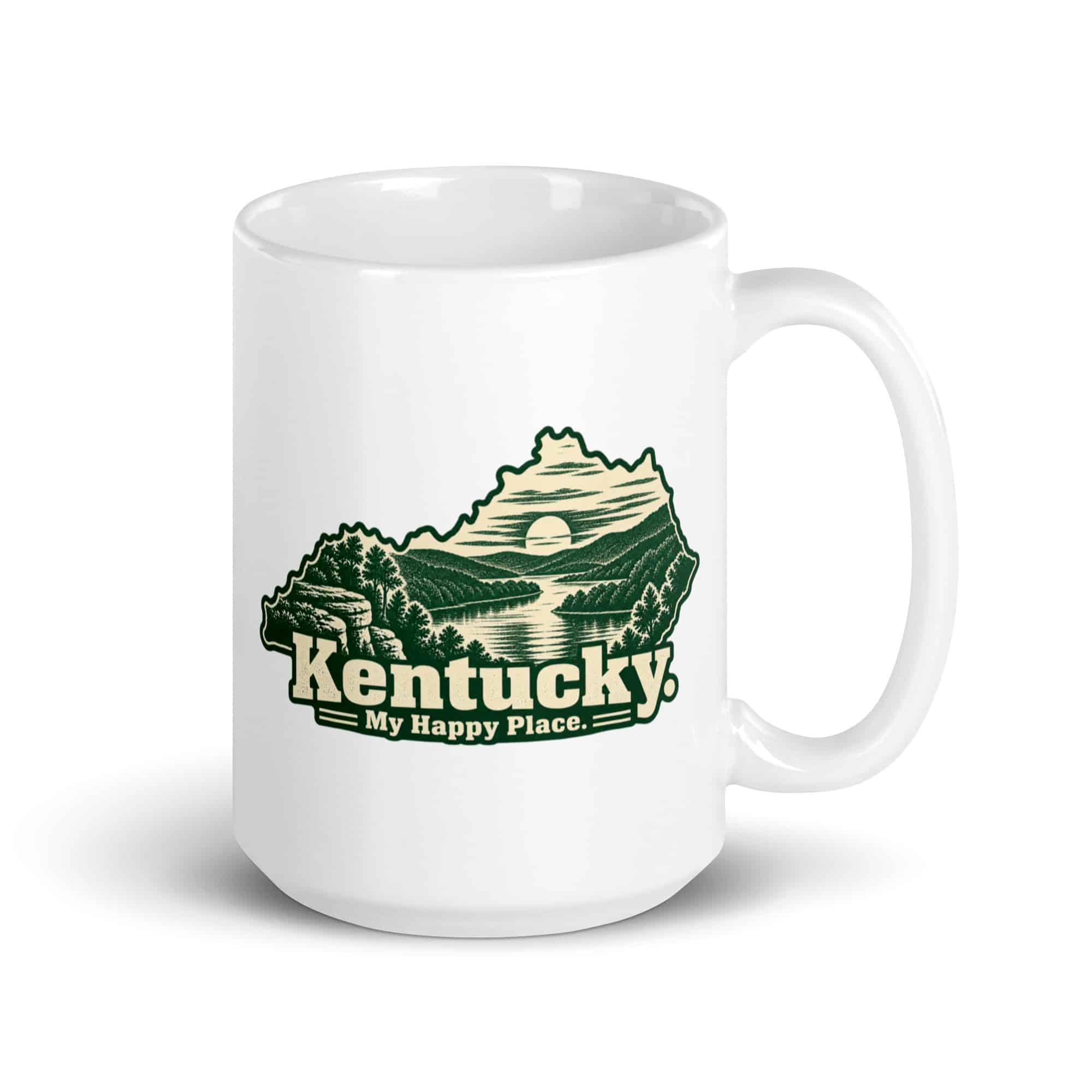 Kentucky White Ceramic Coffee Mug: River valley at sunset, Woodcut Kentucky Silhouette