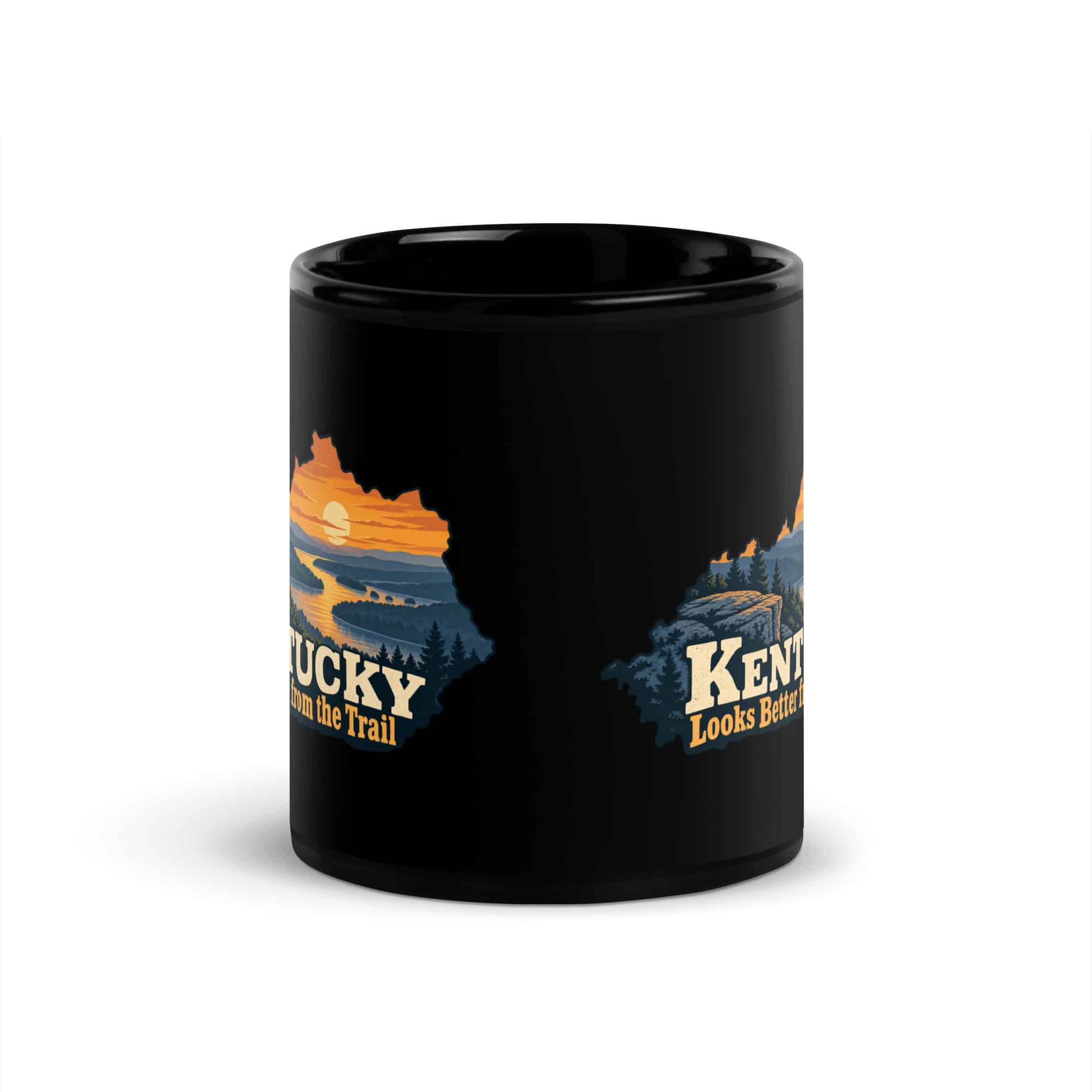 Kentucky Black Coffee Mug: River valley at sunset, Colorful Kentucky Silhouette