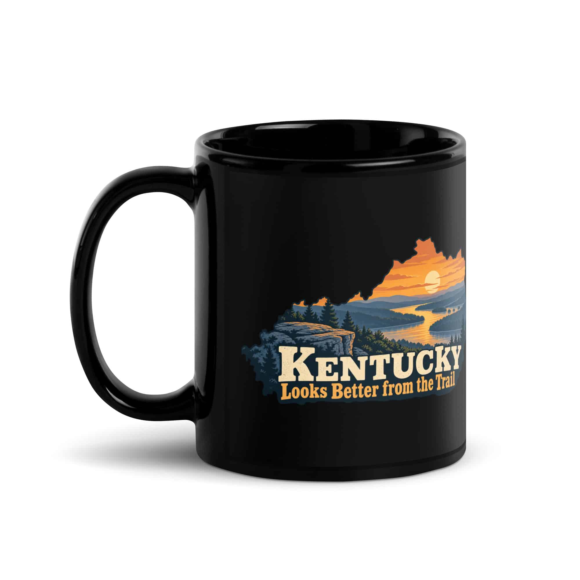 Kentucky Black Coffee Mug: River valley at sunset, Colorful Kentucky Silhouette