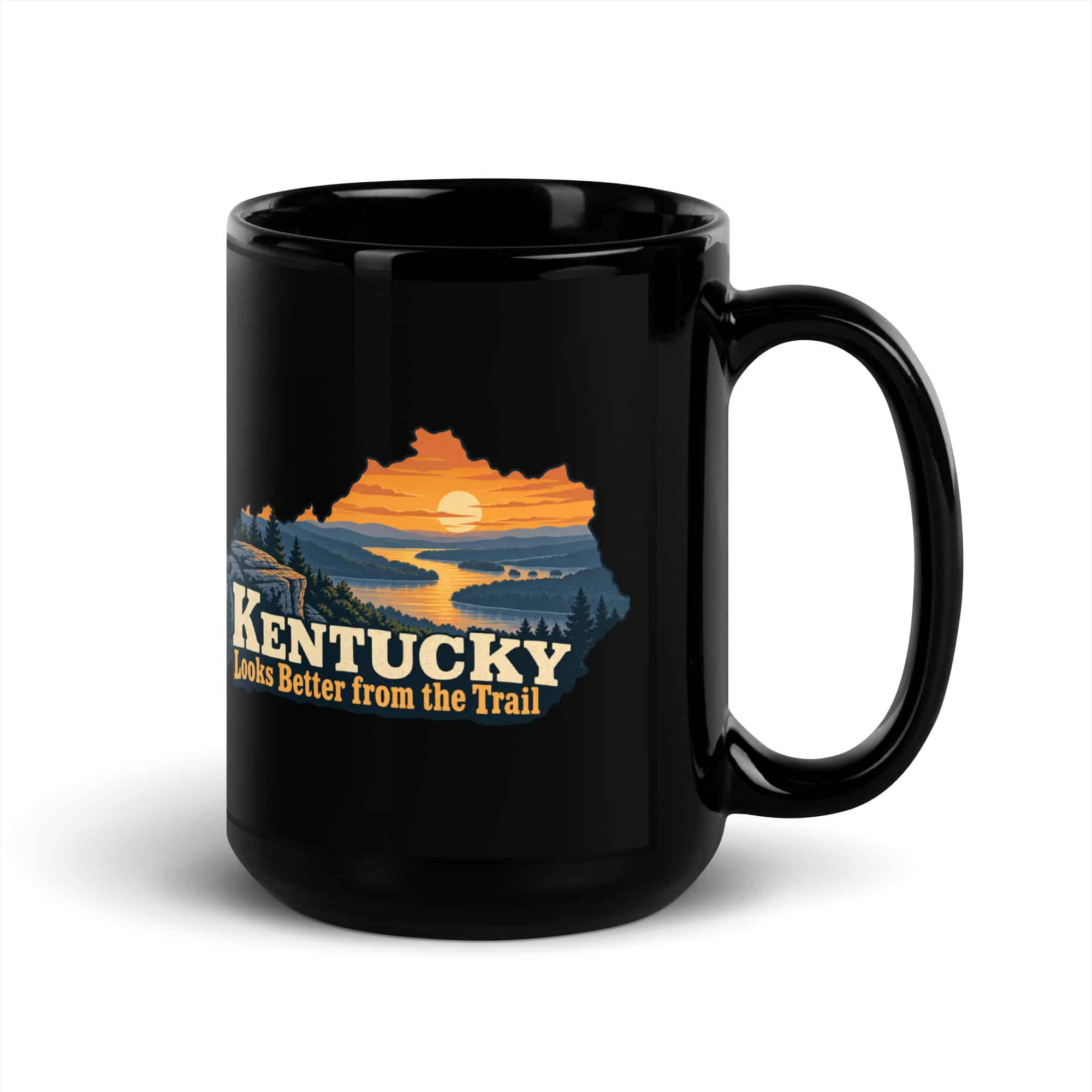 Kentucky Black Coffee Mug: River valley at sunset, Colorful Kentucky Silhouette