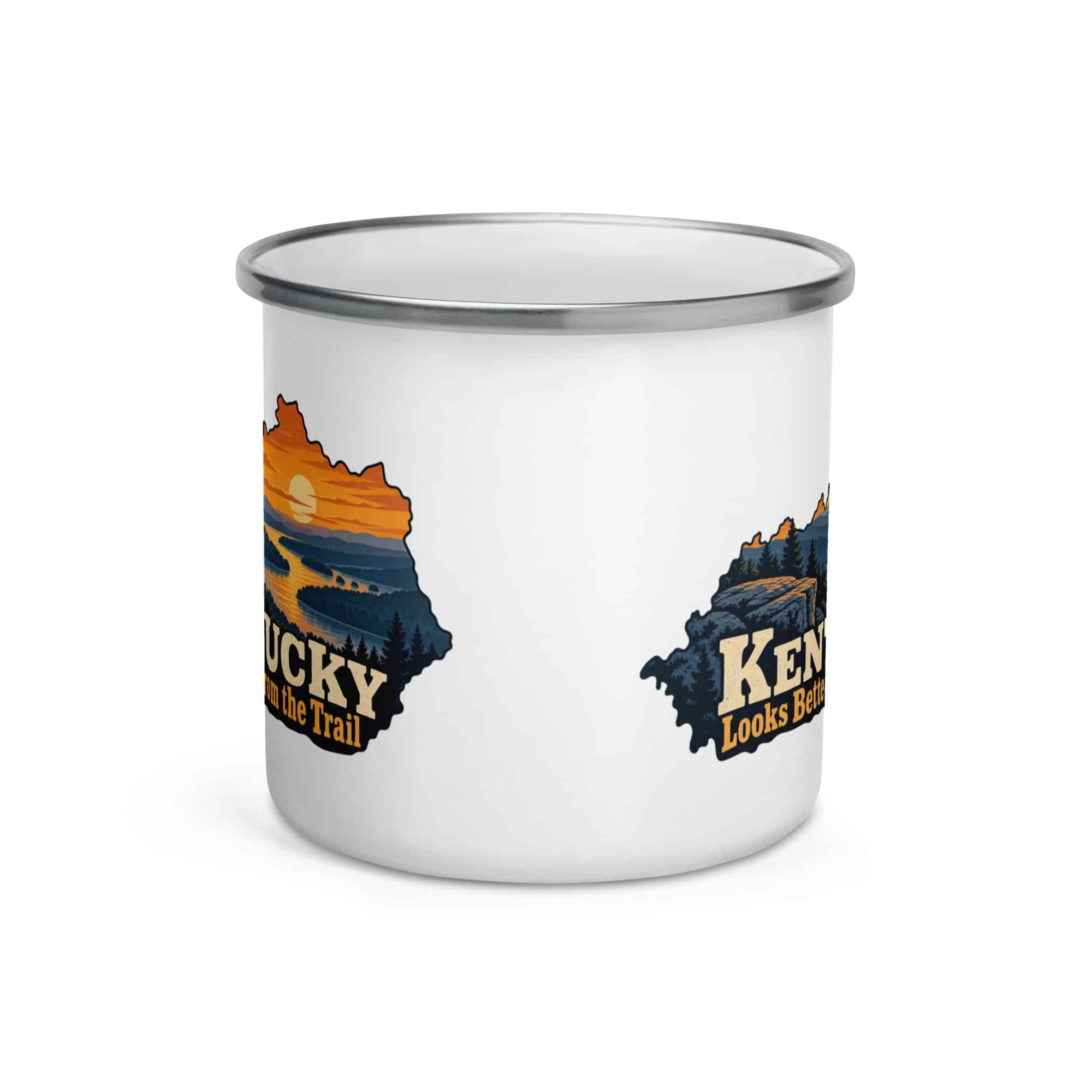 Kentucky Enamel Camp Mug: River valley at sunset, Colorful Kentucky Silhouette