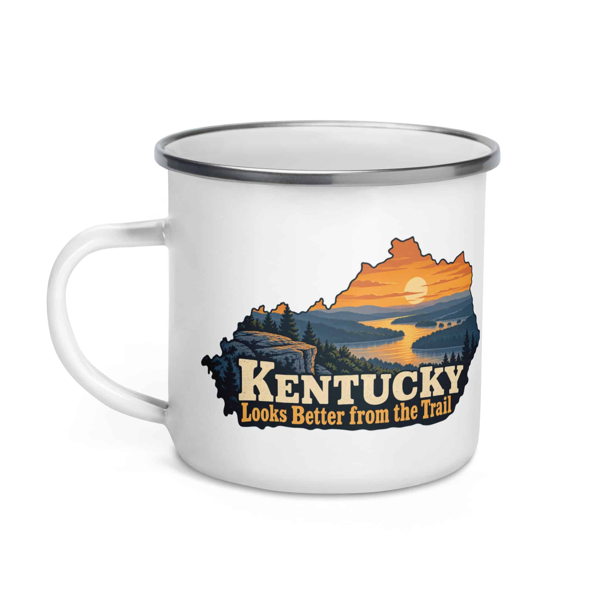 Kentucky Enamel Camp Mug: River valley at sunset, Colorful Kentucky Silhouette