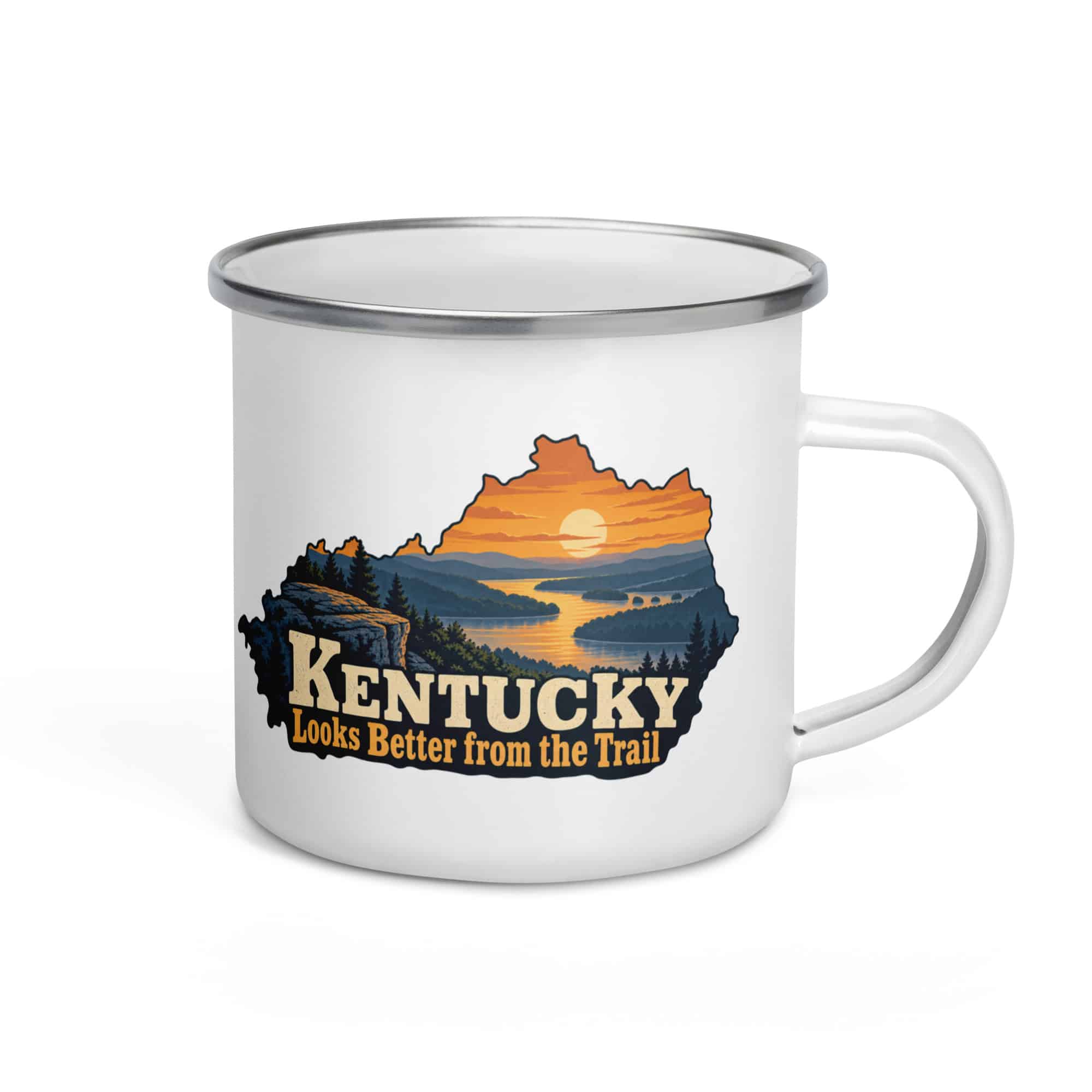 Kentucky Enamel Camp Mug: River valley at sunset, Colorful Kentucky Silhouette