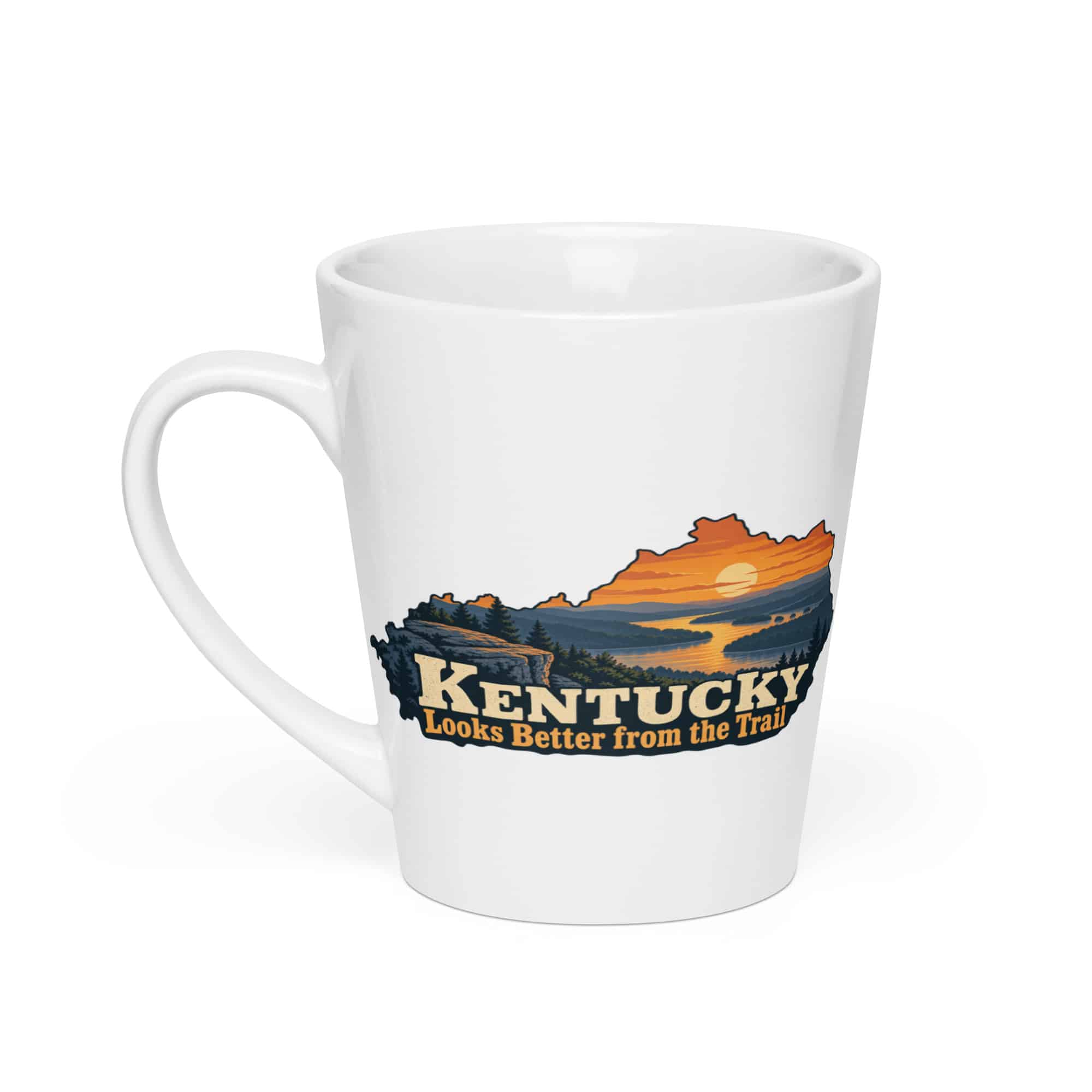 Kentucky Latte Mug: River valley at sunset, Colorful Kentucky Silhouette