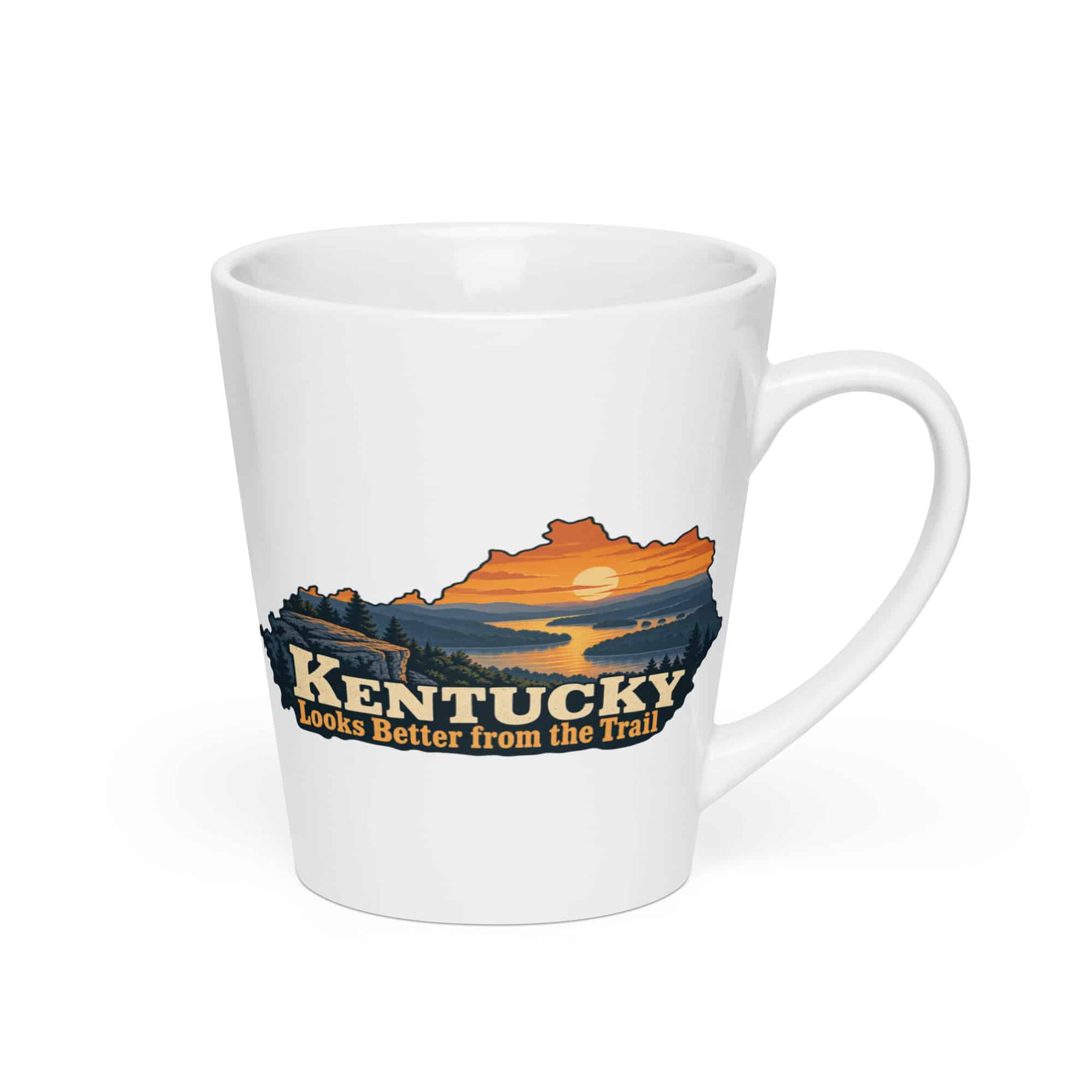 Kentucky Latte Mug: River valley at sunset, Colorful Kentucky Silhouette