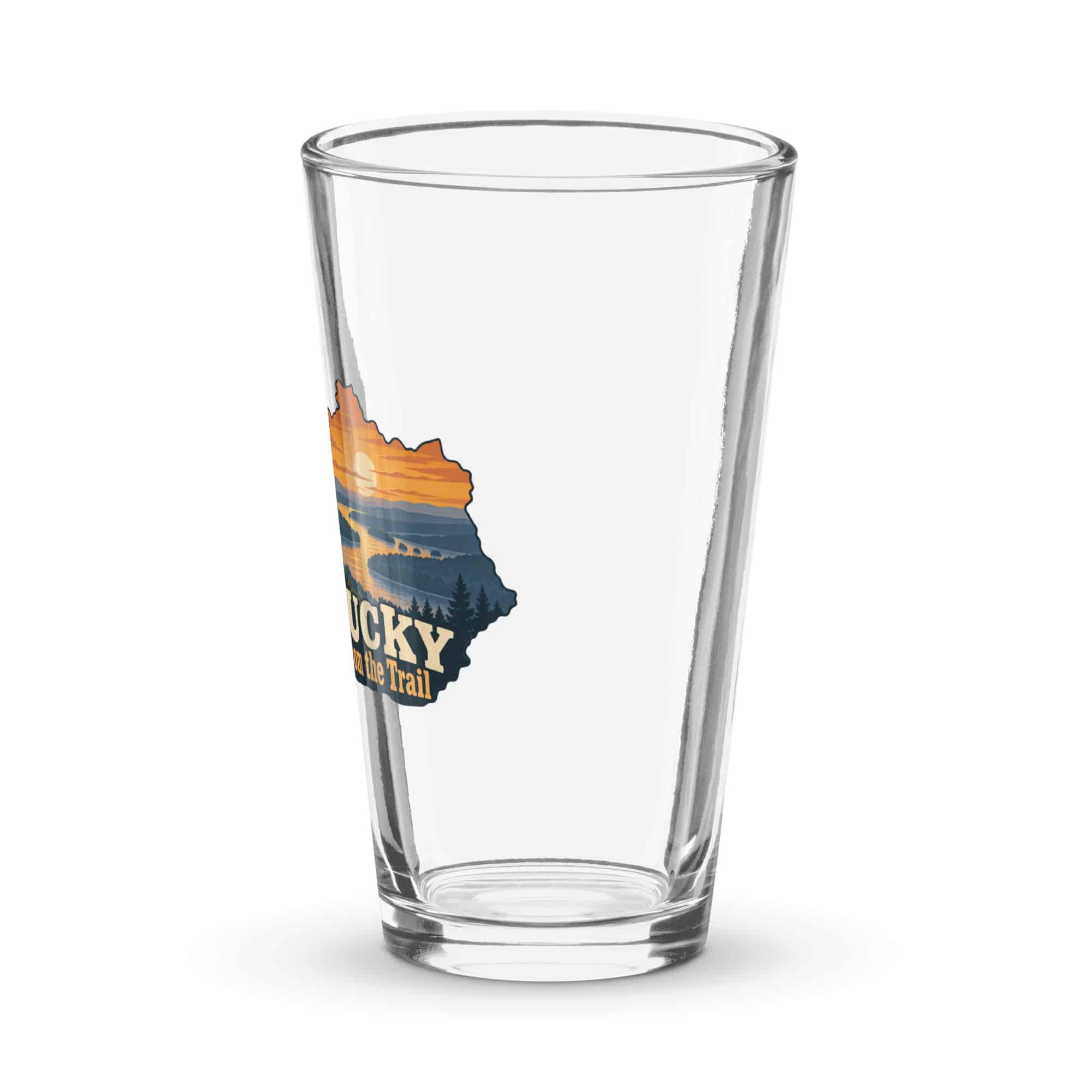 Kentucky Pint Glass: River valley at sunset, Colorful Kentucky Silhouette
