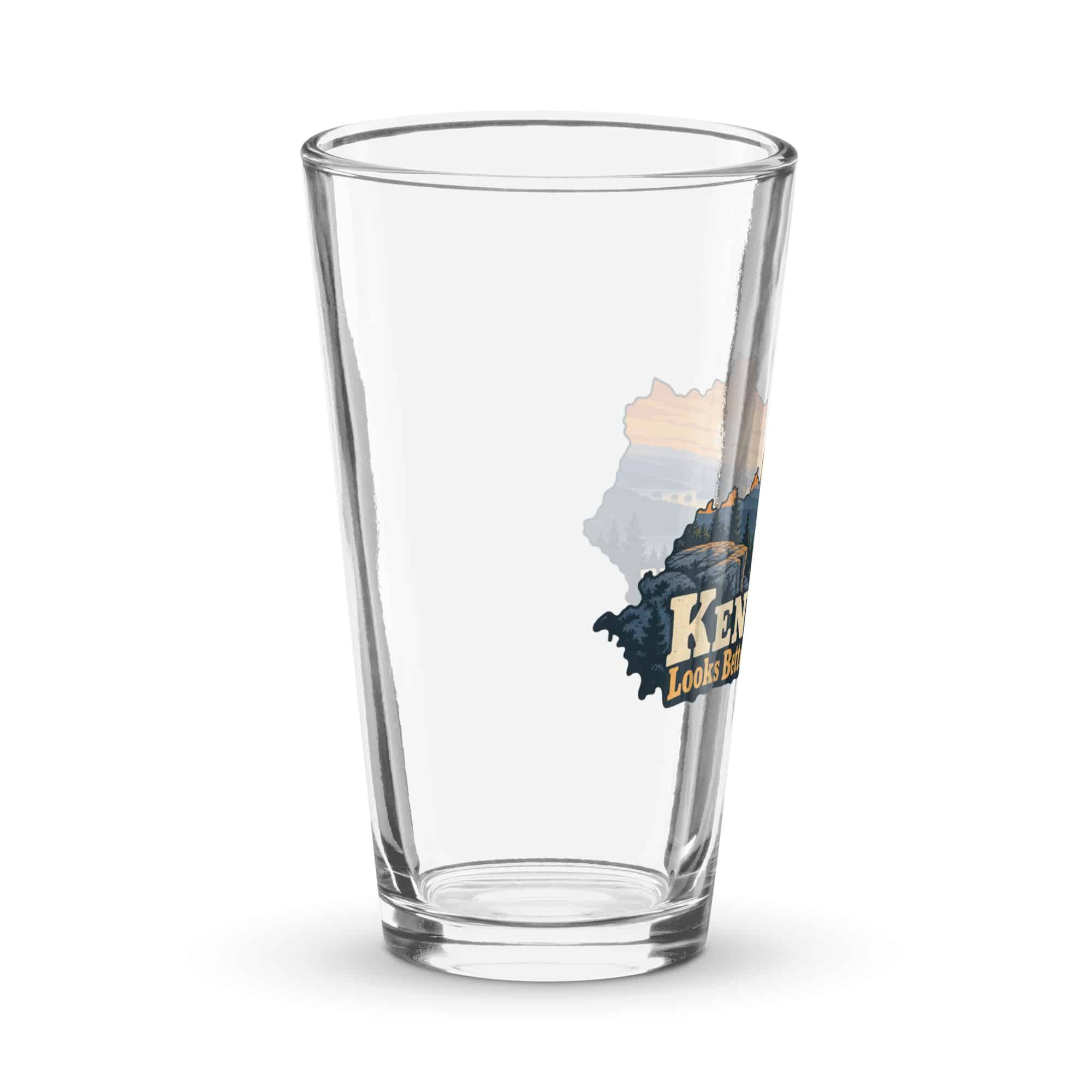 Kentucky Pint Glass: River valley at sunset, Colorful Kentucky Silhouette