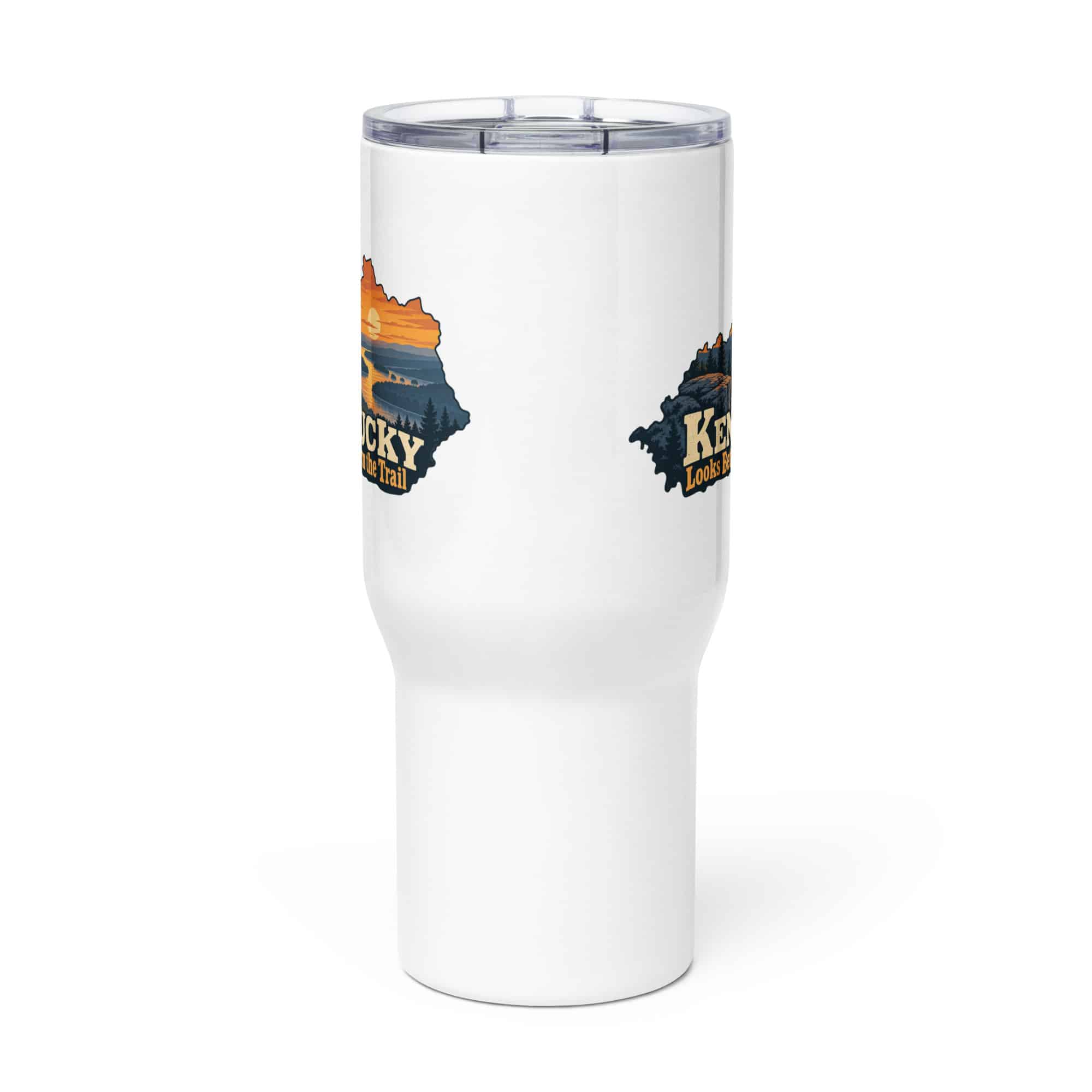 Kentucky Travel Mug: River valley at sunset, Colorful Kentucky Silhouette