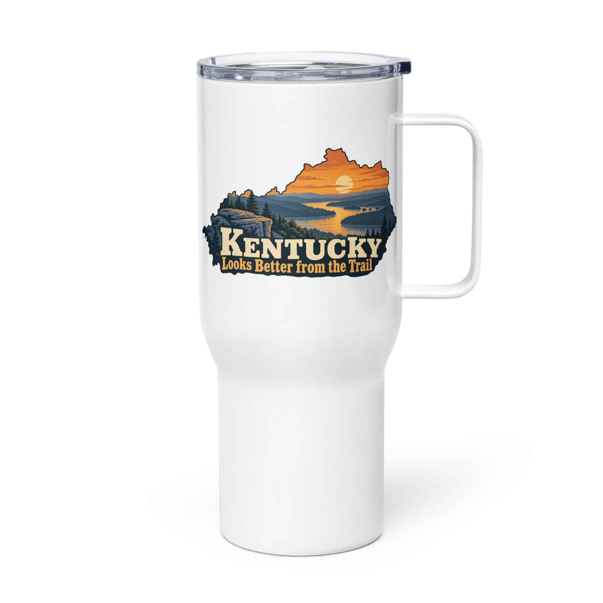 Kentucky Travel Mug: River valley at sunset, Colorful Kentucky Silhouette