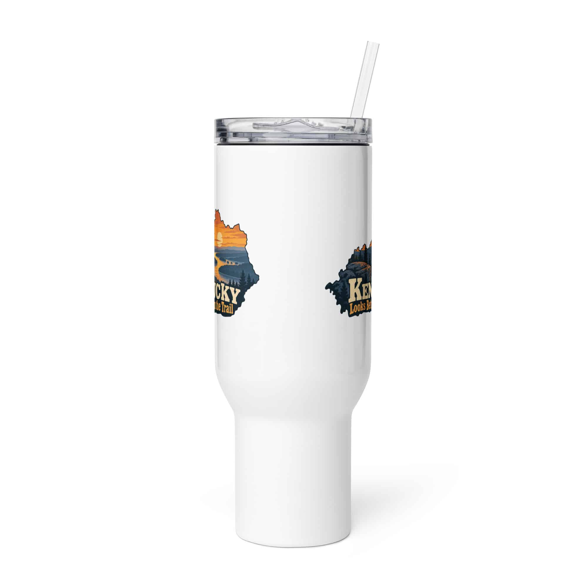 Kentucky Travel Mug: River valley at sunset, Colorful Kentucky Silhouette
