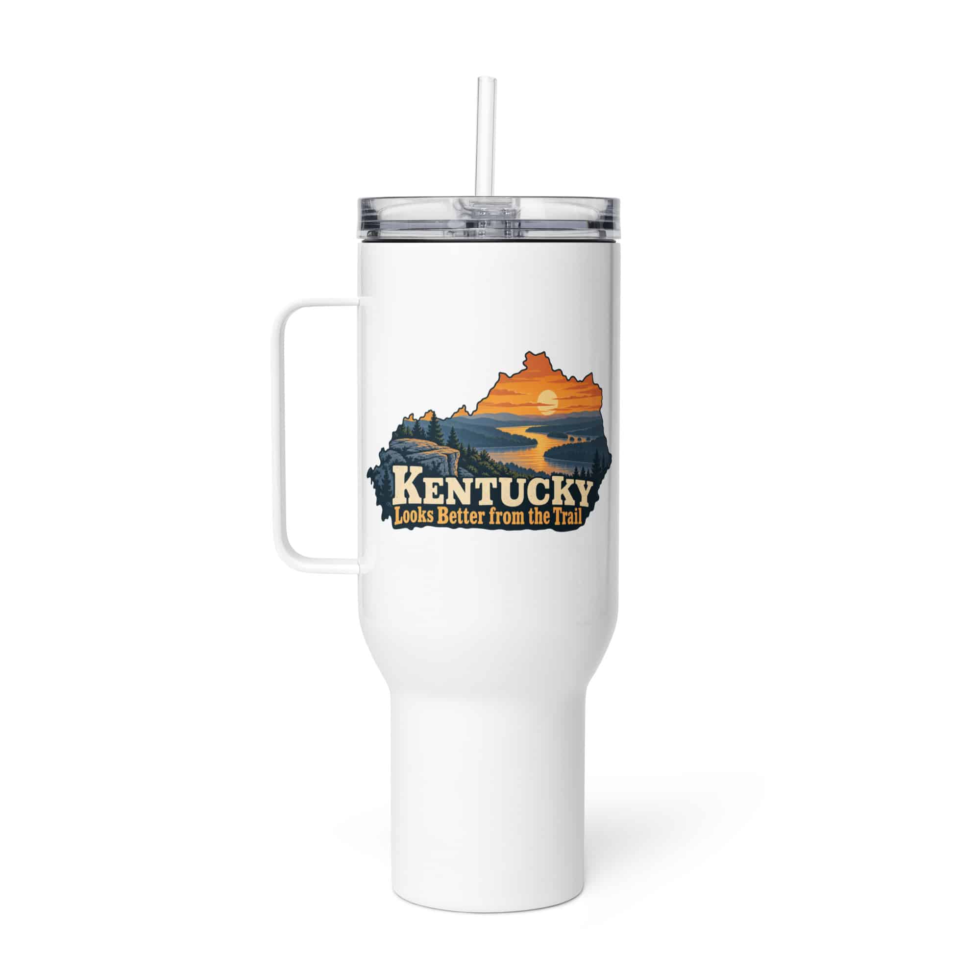 Kentucky Travel Mug: River valley at sunset, Colorful Kentucky Silhouette