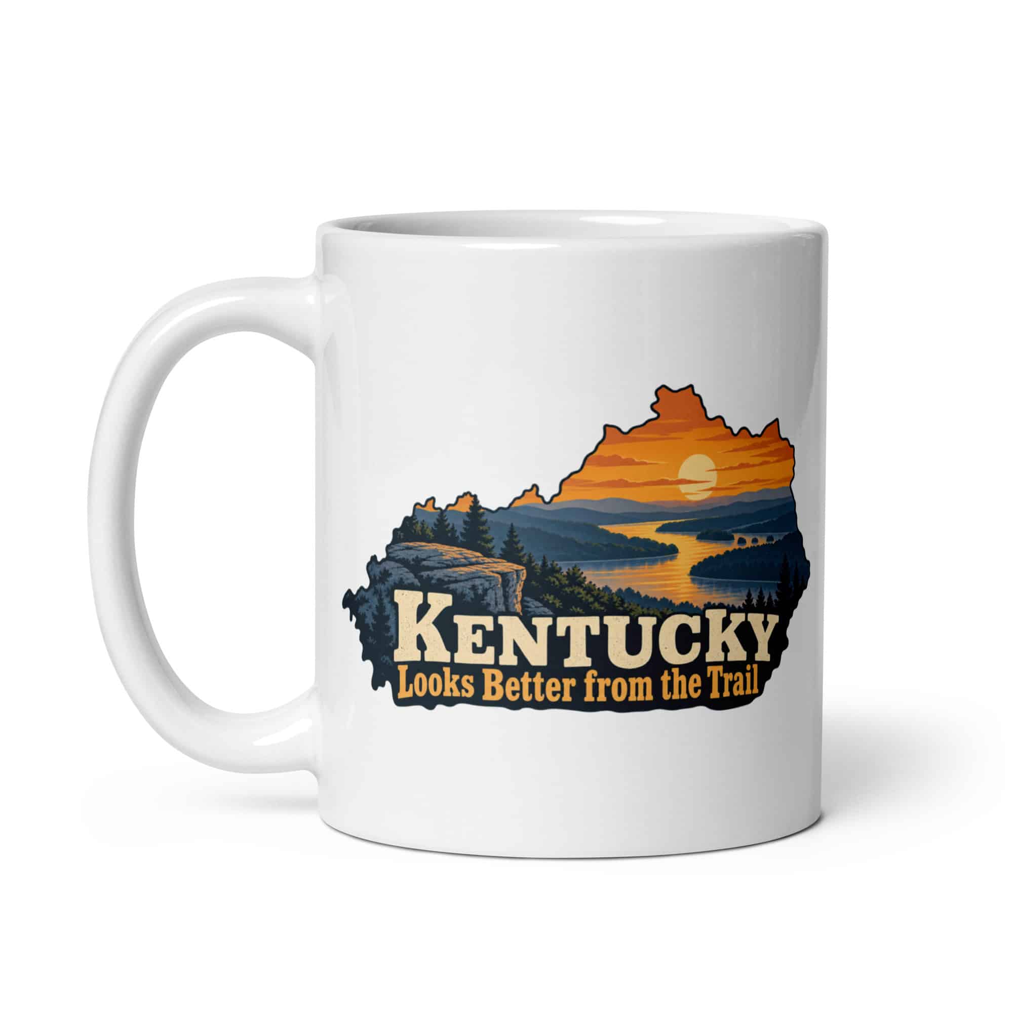 Kentucky White Ceramic Coffee Mug: River valley at sunset, Colorful Kentucky Silhouette