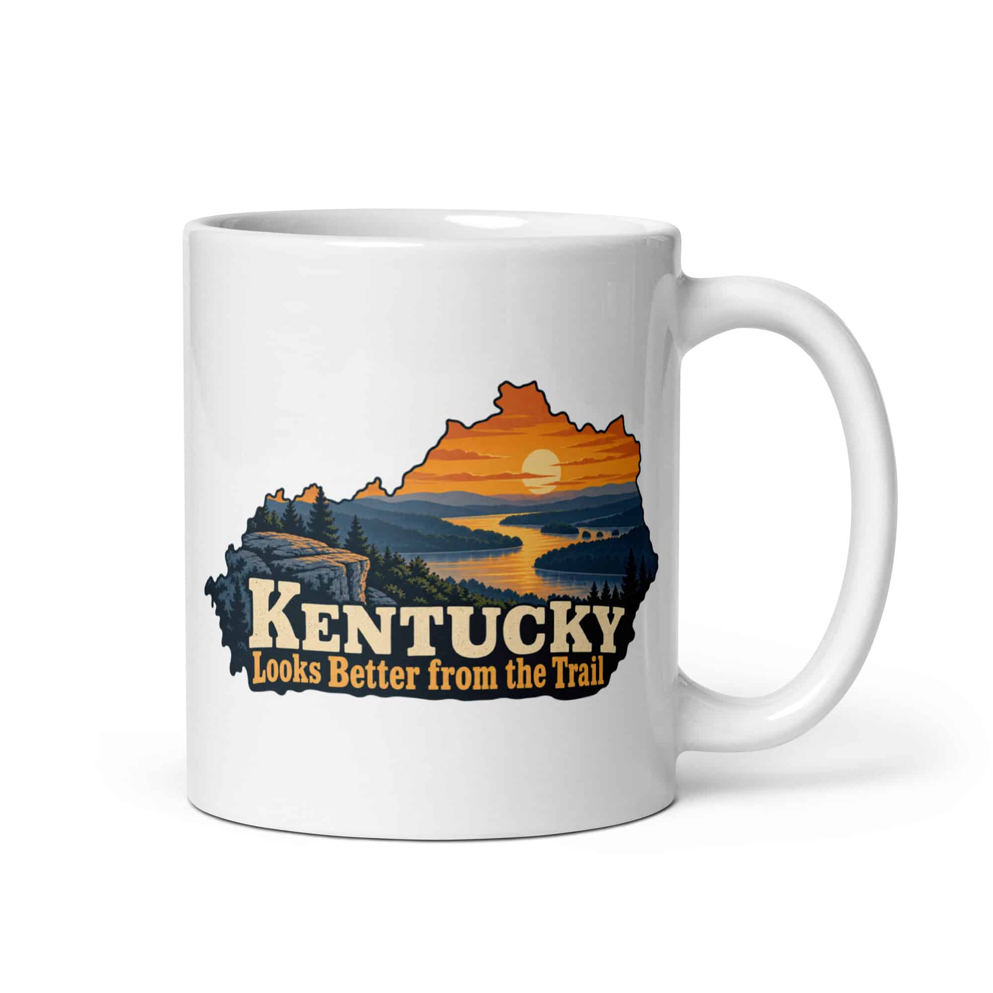 Kentucky White Ceramic Coffee Mug: River valley at sunset, Colorful Kentucky Silhouette