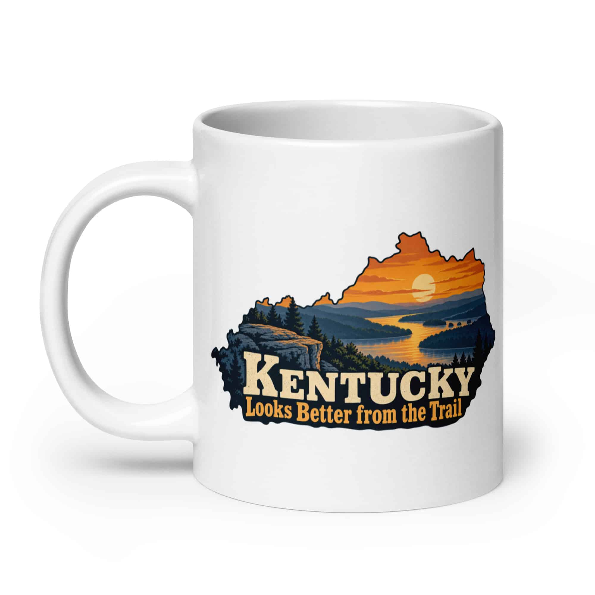 Kentucky White Ceramic Coffee Mug: River valley at sunset, Colorful Kentucky Silhouette