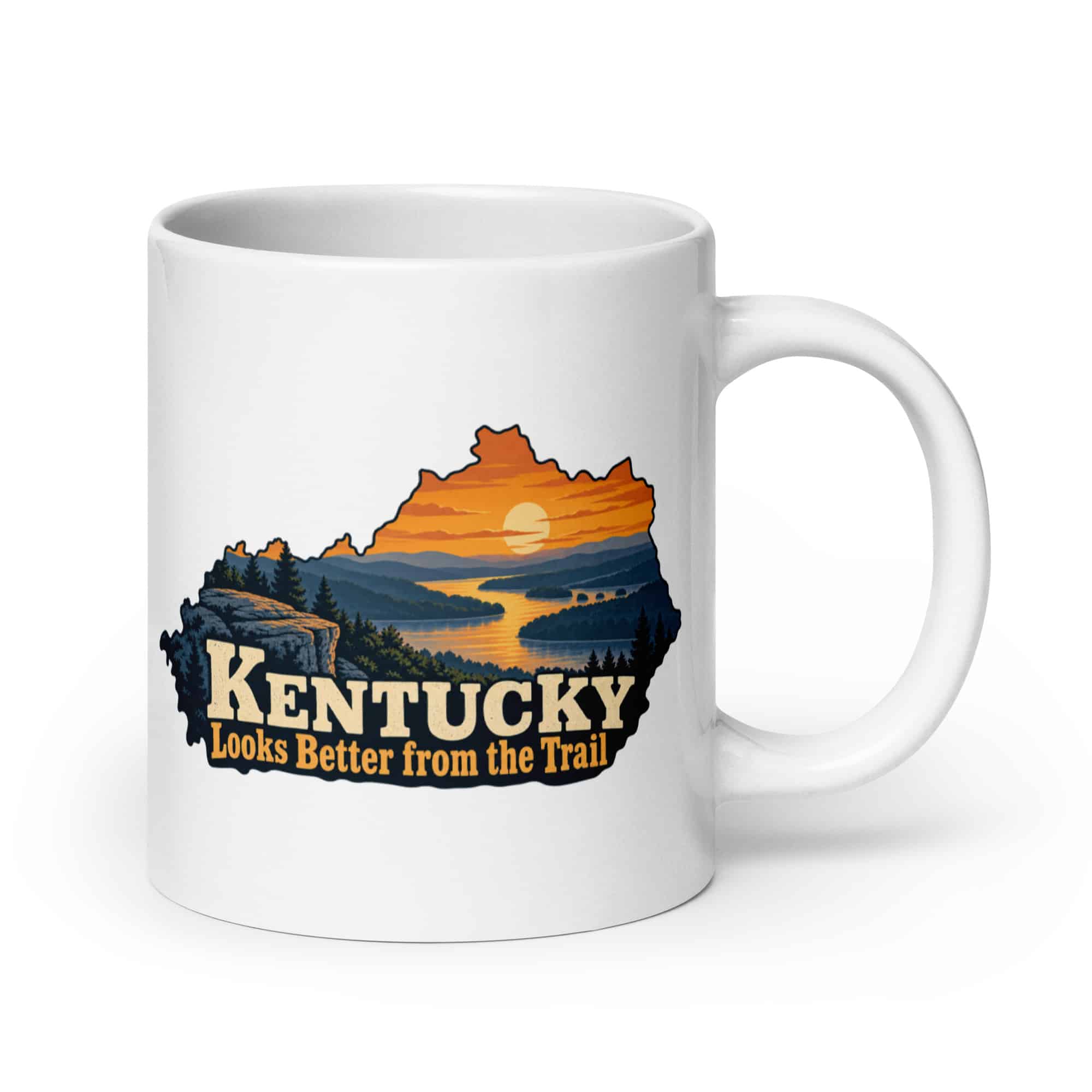Kentucky White Ceramic Coffee Mug: River valley at sunset, Colorful Kentucky Silhouette