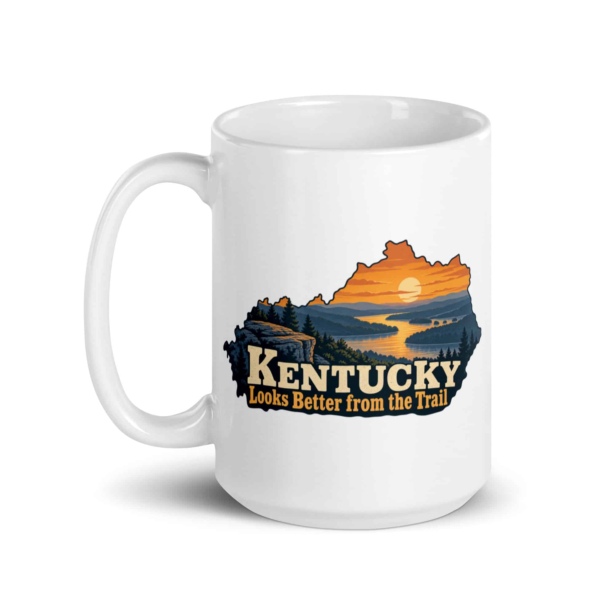 Kentucky White Ceramic Coffee Mug: River valley at sunset, Colorful Kentucky Silhouette