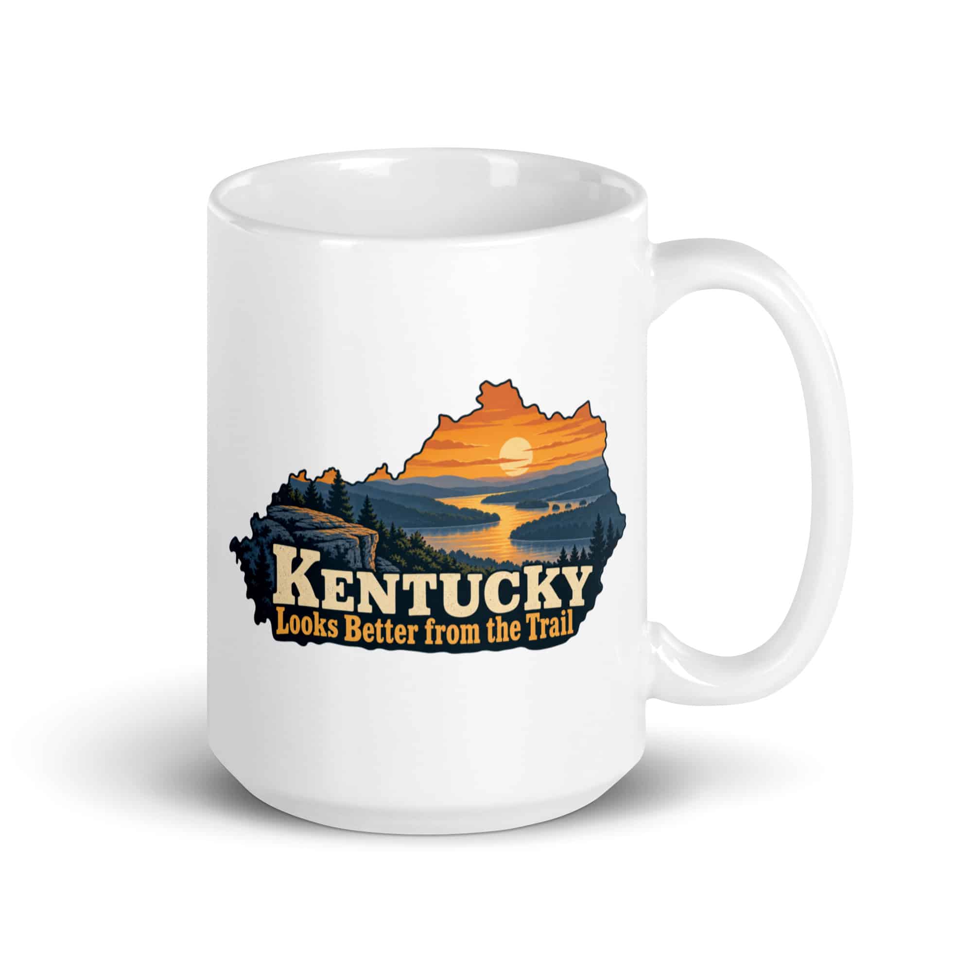 Kentucky White Ceramic Coffee Mug: River valley at sunset, Colorful Kentucky Silhouette