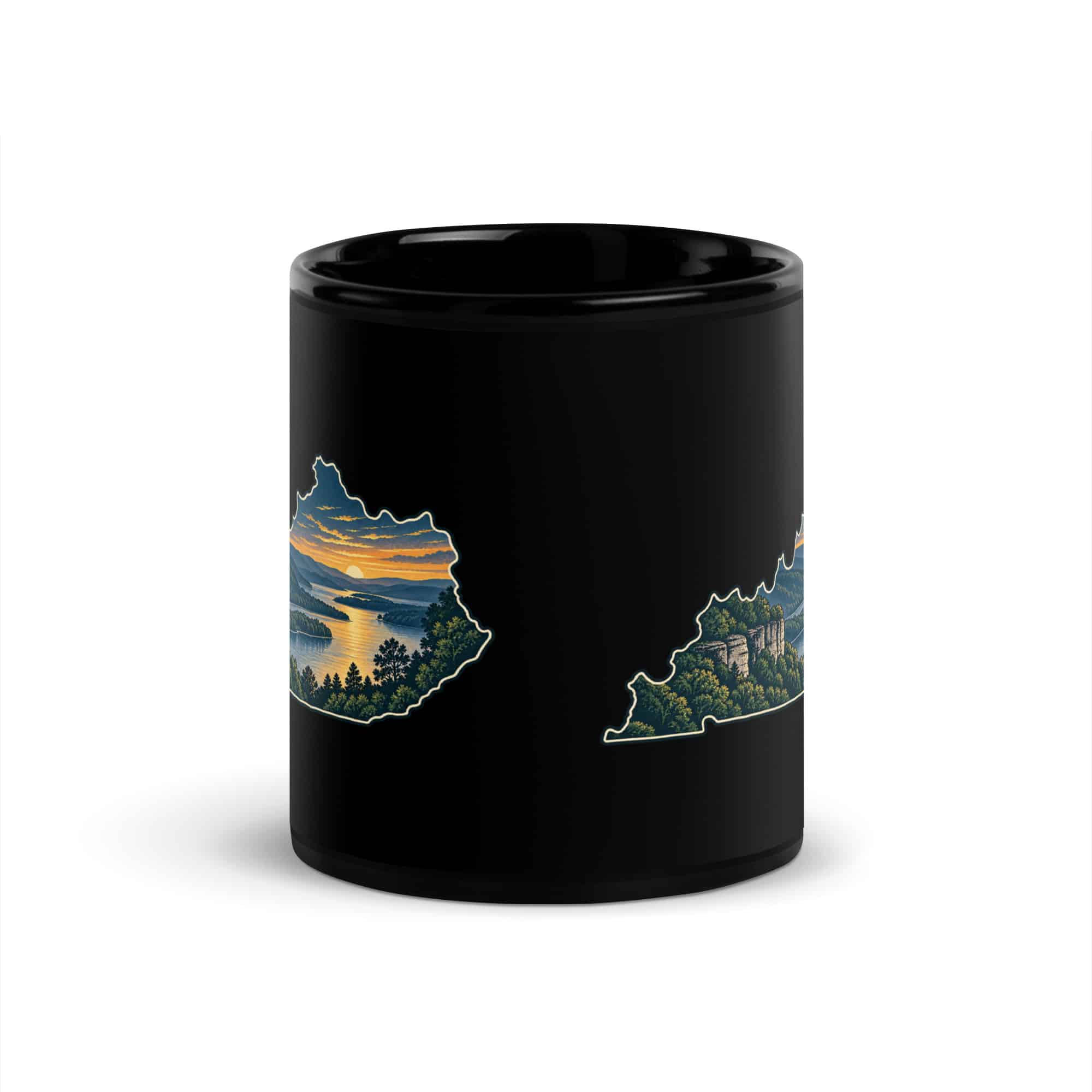 Kentucky Black Coffee Mug: River valley at sunset, Illustrated Kentucky Silhouette