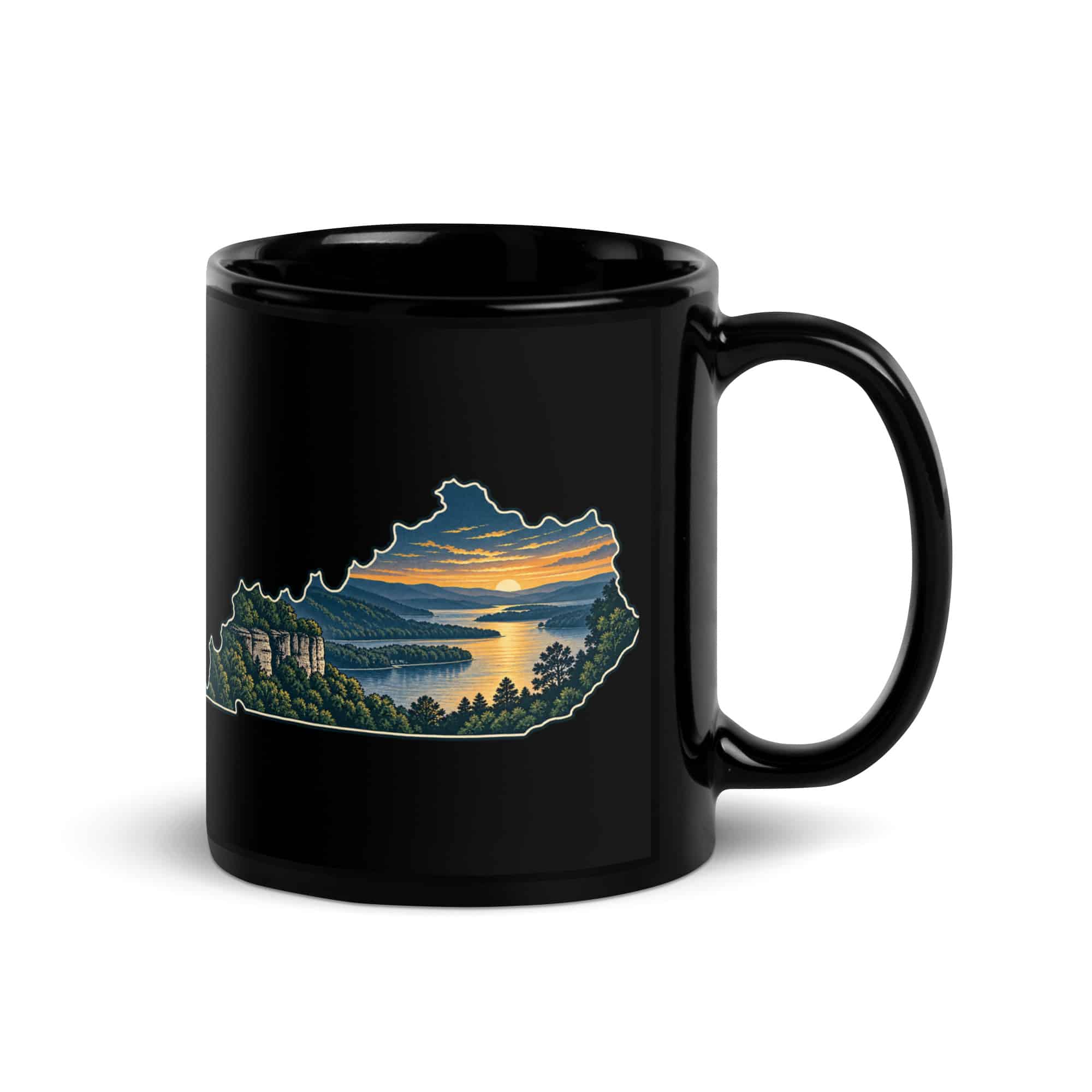 Kentucky Black Coffee Mug: River valley at sunset, Illustrated Kentucky Silhouette