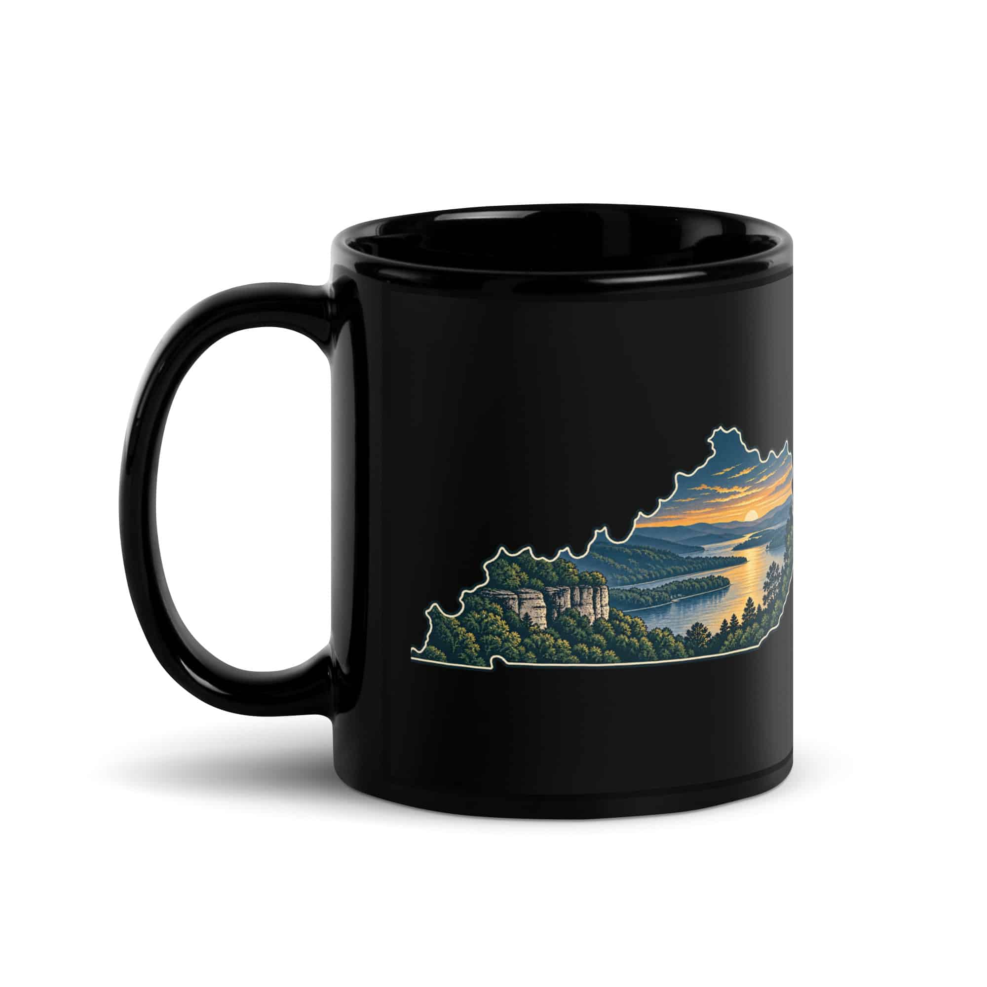 Kentucky Black Coffee Mug: River valley at sunset, Illustrated Kentucky Silhouette
