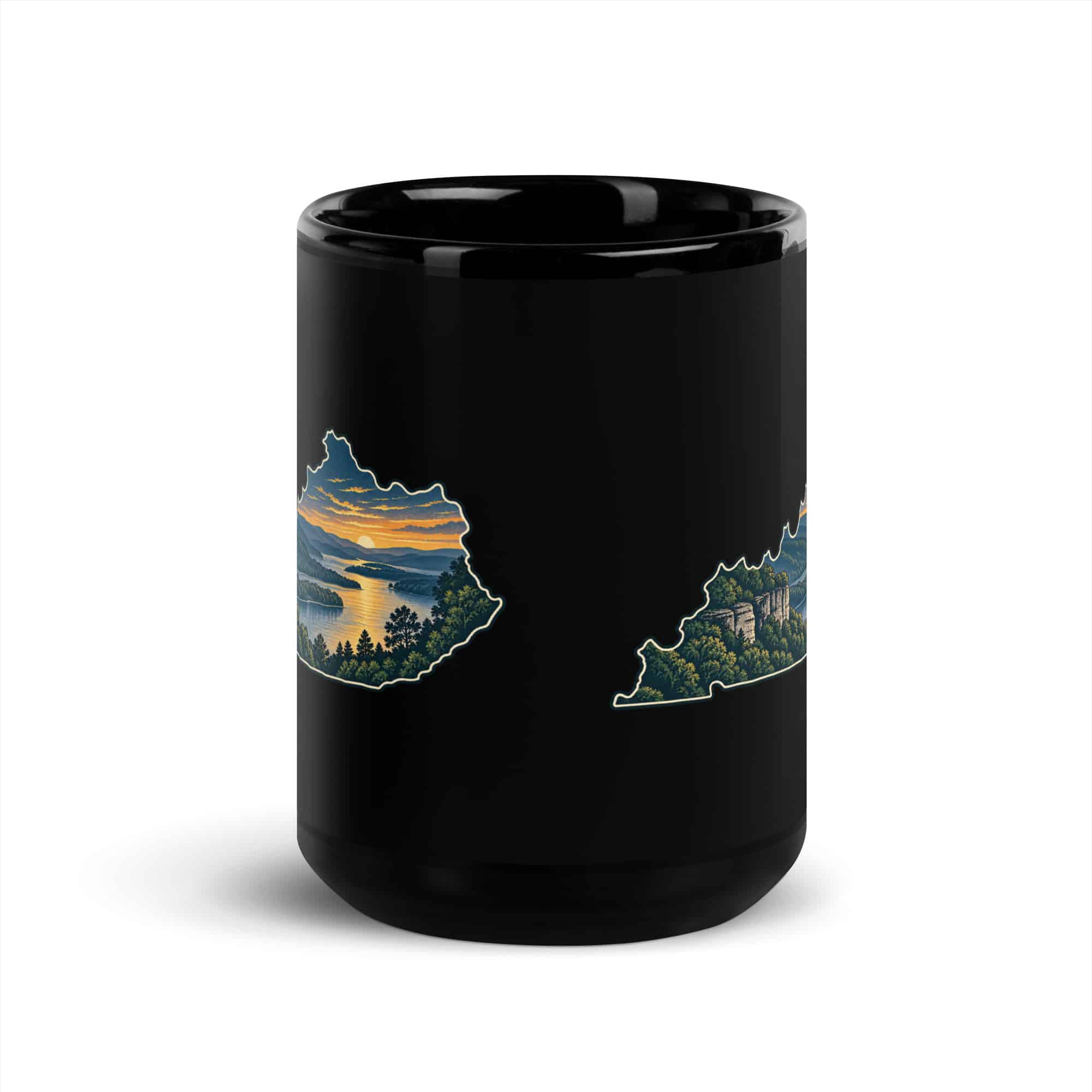 Kentucky Black Coffee Mug: River valley at sunset, Illustrated Kentucky Silhouette