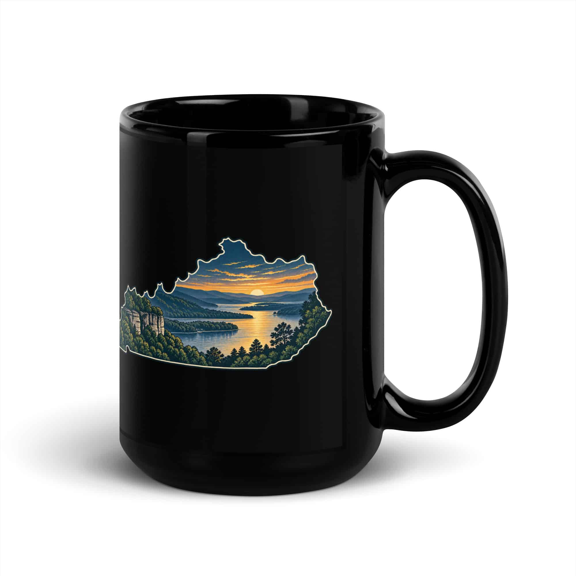 Kentucky Black Coffee Mug: River valley at sunset, Illustrated Kentucky Silhouette