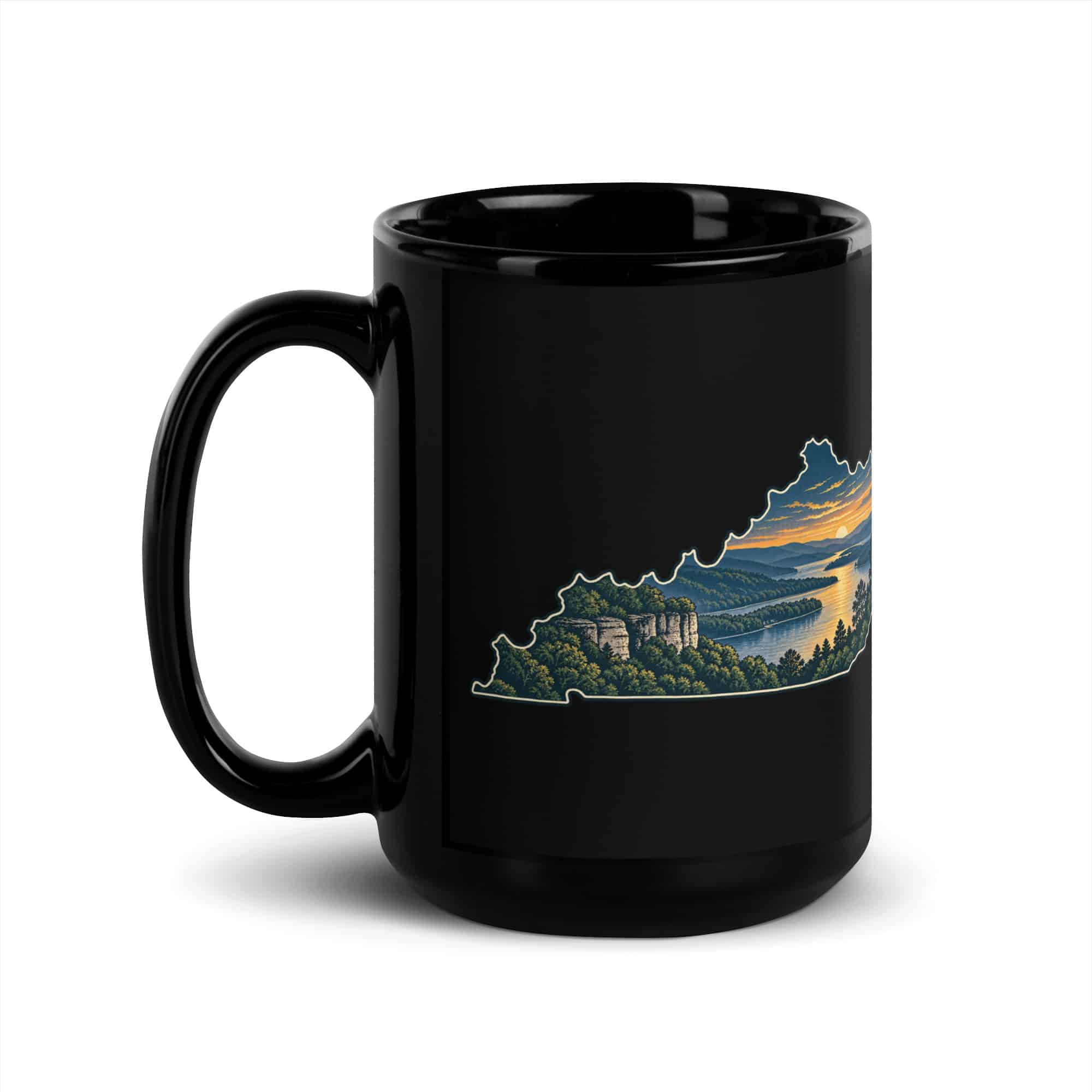 Kentucky Black Coffee Mug: River valley at sunset, Illustrated Kentucky Silhouette