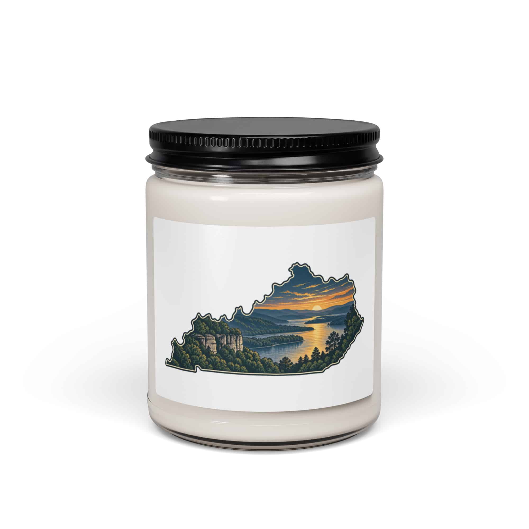 Kentucky Soy Wax Candle: River valley at sunset, Illustrated Kentucky Silhouette