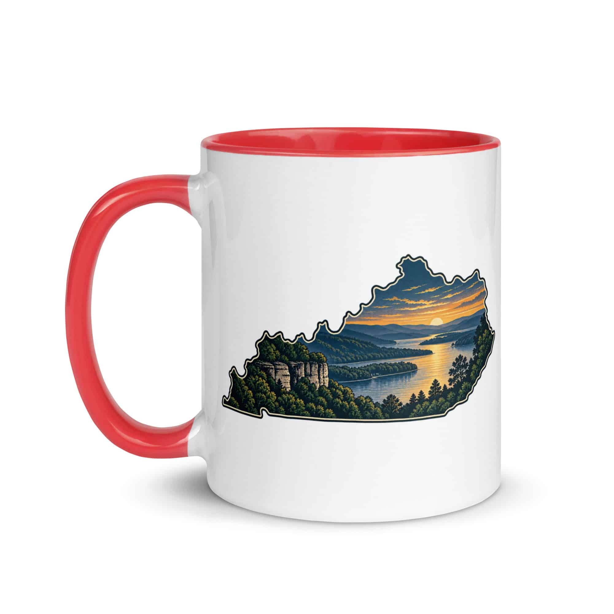 Kentucky Color Inside Coffee Mug: River valley at sunset, Illustrated Kentucky Silhouette