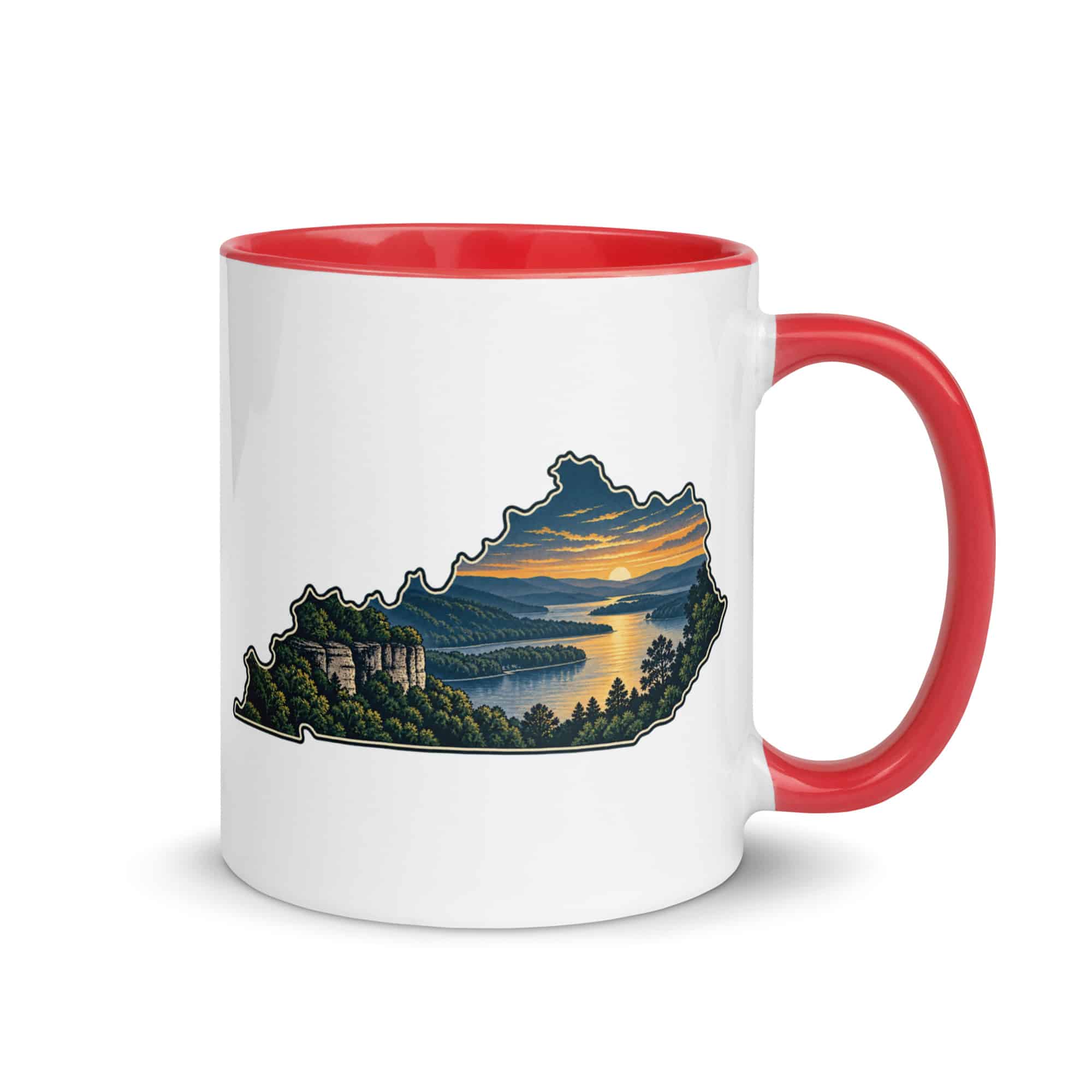 Kentucky Color Inside Coffee Mug: River valley at sunset, Illustrated Kentucky Silhouette