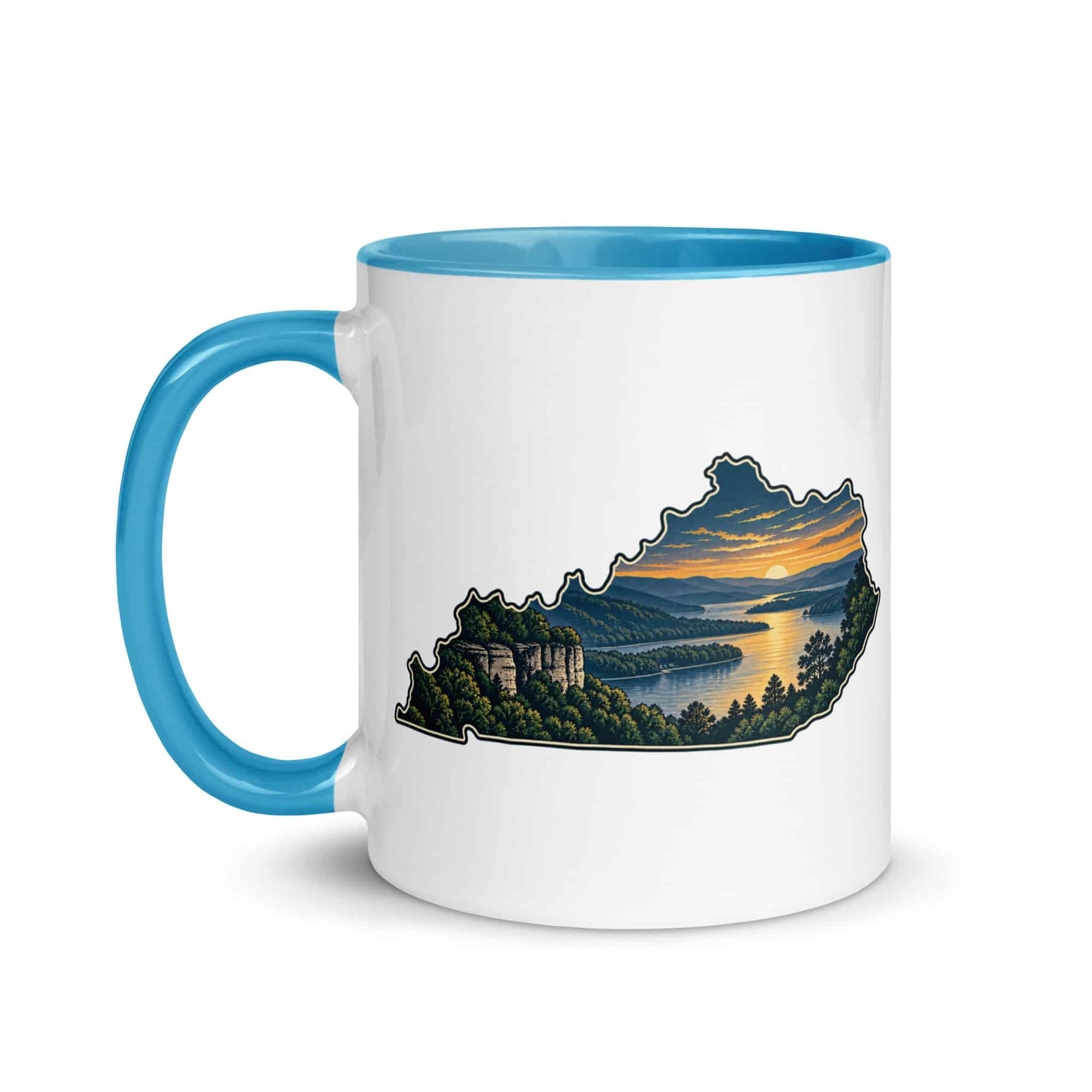 Kentucky Color Inside Coffee Mug: River valley at sunset, Illustrated Kentucky Silhouette