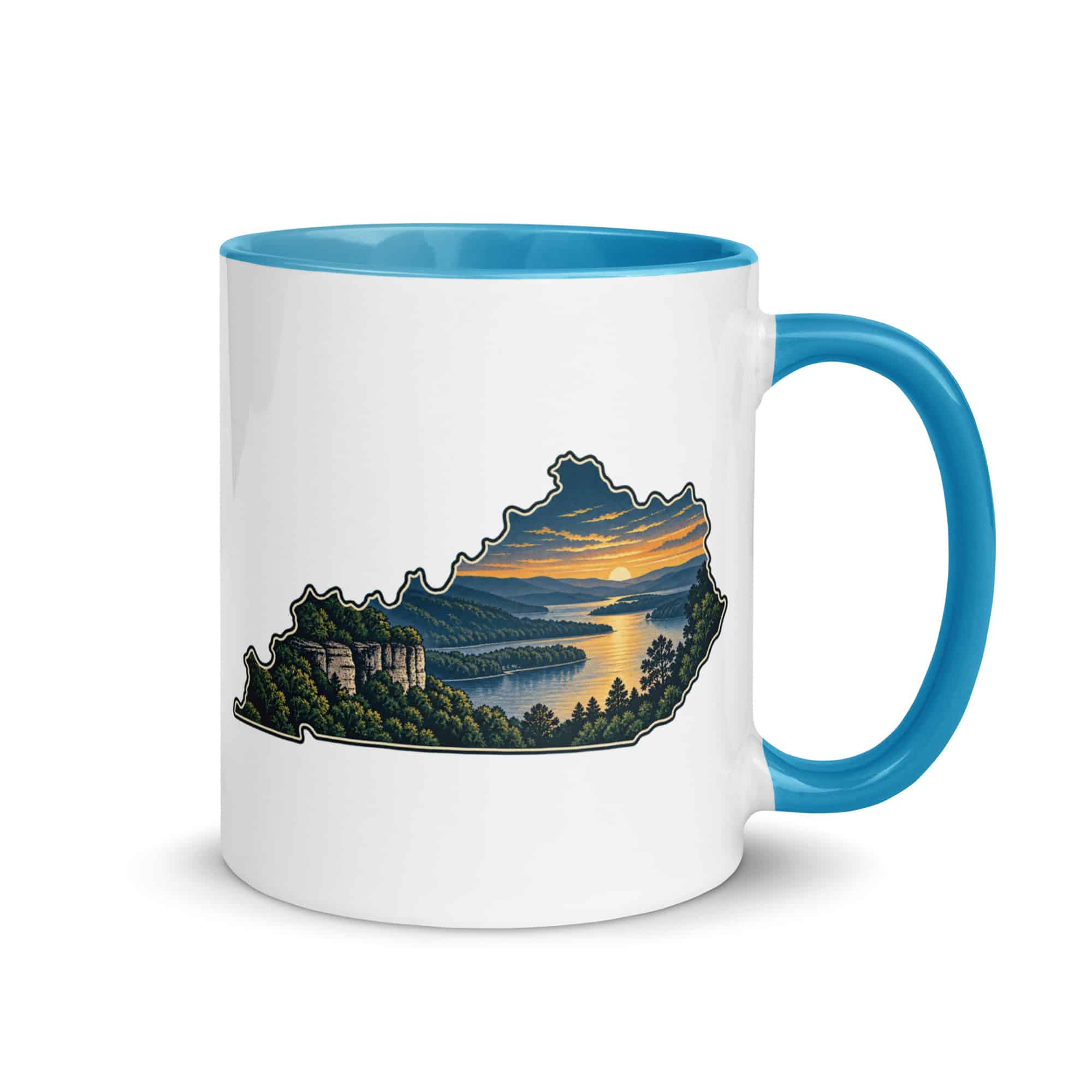 Kentucky Color Inside Coffee Mug: River valley at sunset, Illustrated Kentucky Silhouette