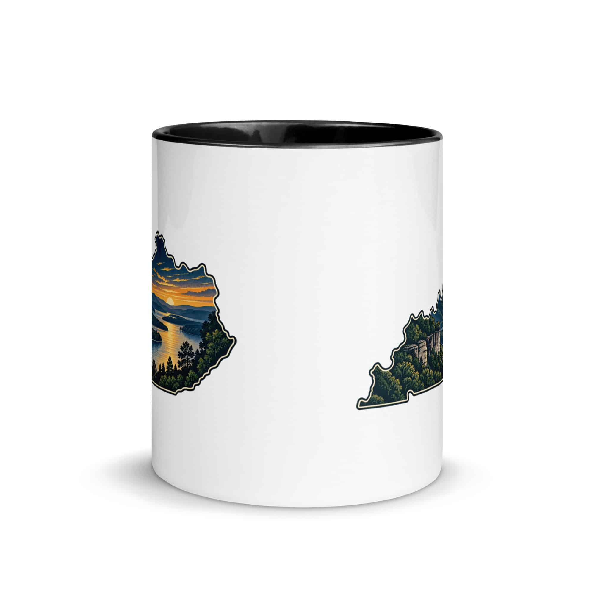 Kentucky Color Inside Coffee Mug: River valley at sunset, Illustrated Kentucky Silhouette