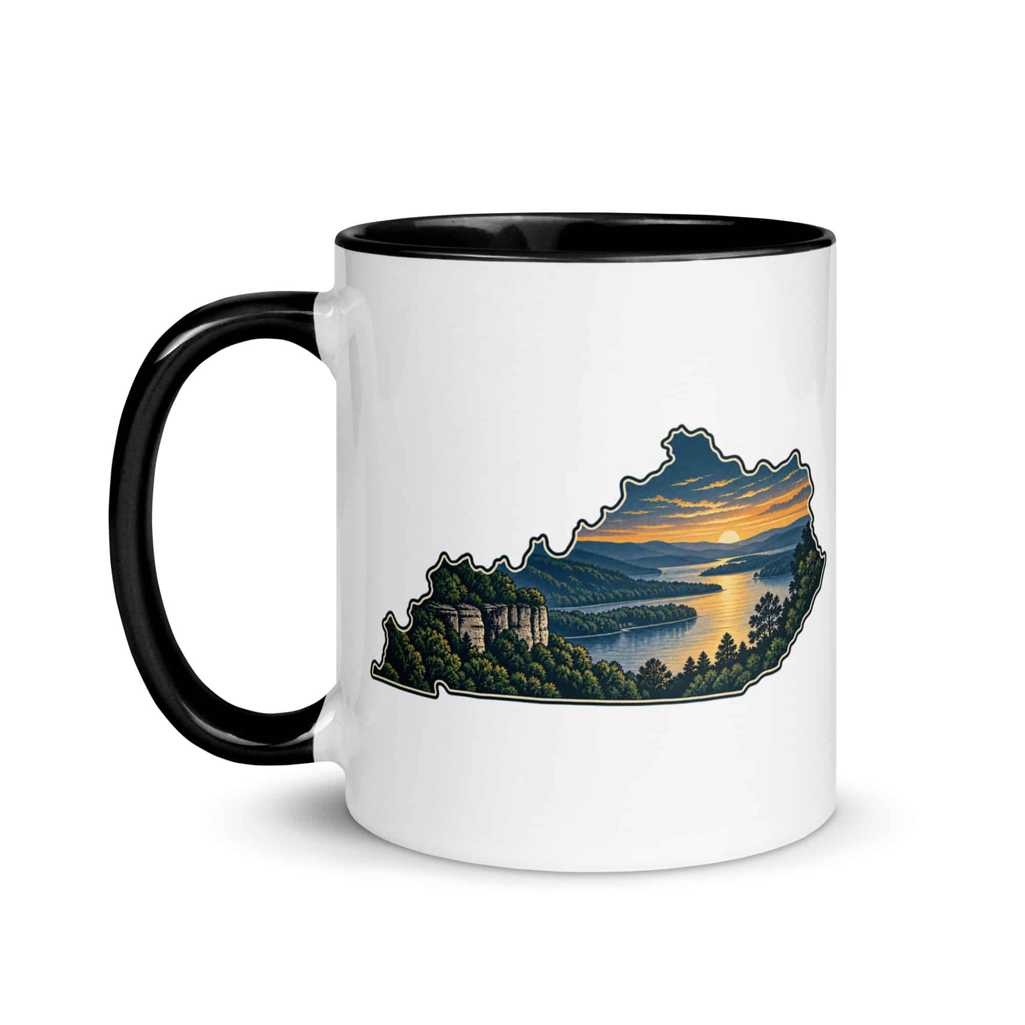 Kentucky Color Inside Coffee Mug: River valley at sunset, Illustrated Kentucky Silhouette