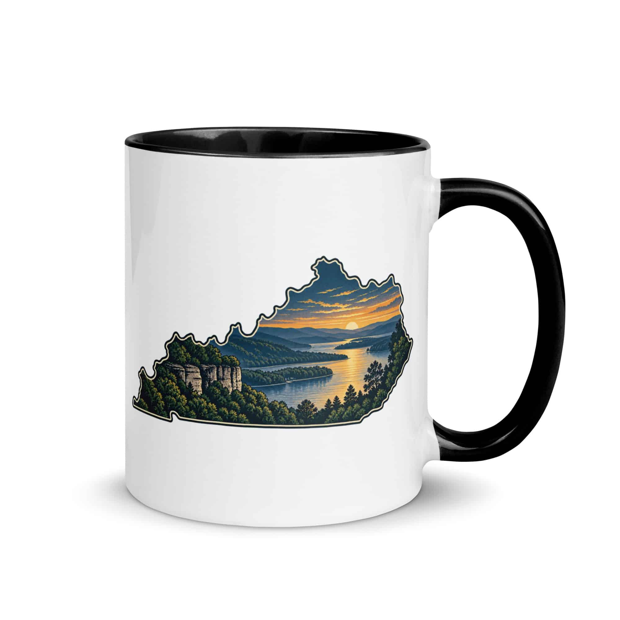 Kentucky Color Inside Coffee Mug: River valley at sunset, Illustrated Kentucky Silhouette