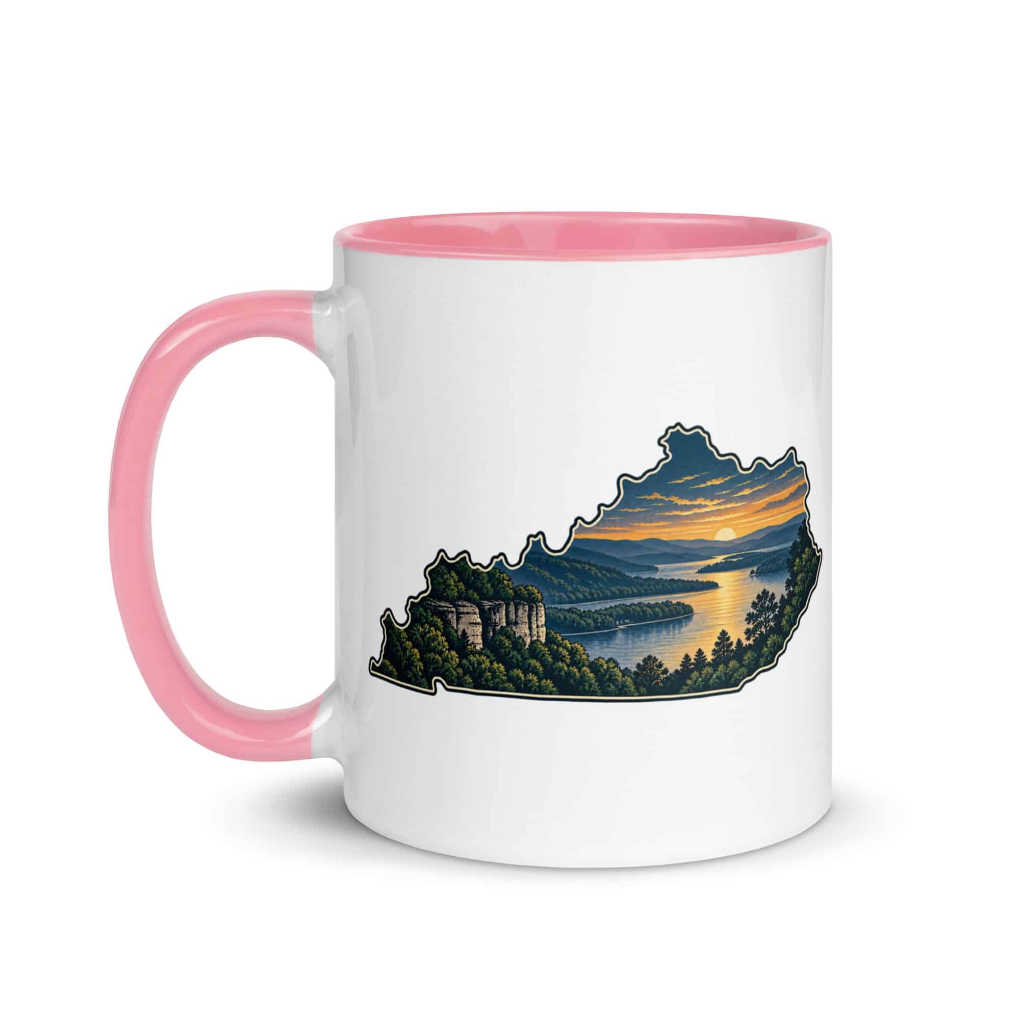 Kentucky Color Inside Coffee Mug: River valley at sunset, Illustrated Kentucky Silhouette