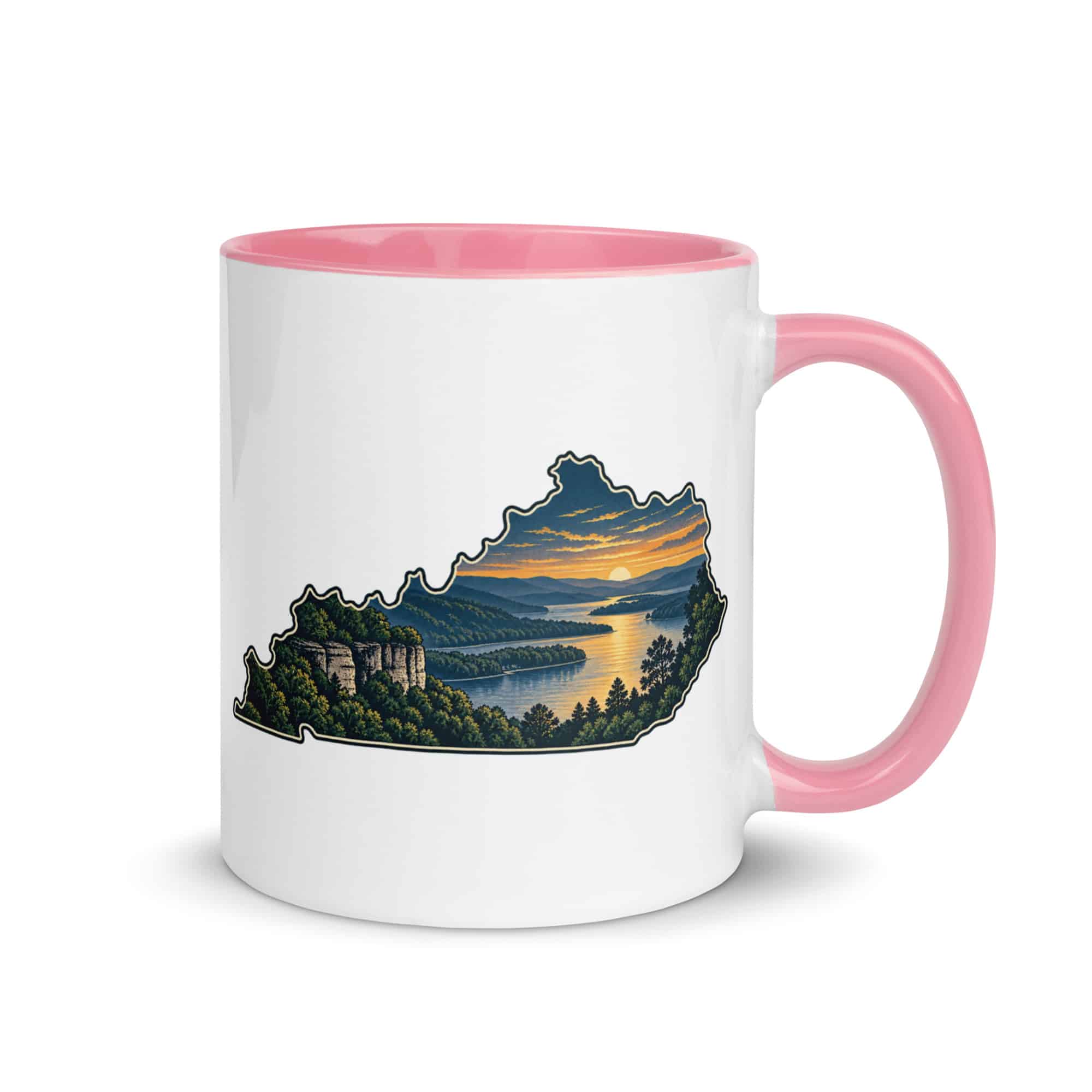 Kentucky Color Inside Coffee Mug: River valley at sunset, Illustrated Kentucky Silhouette