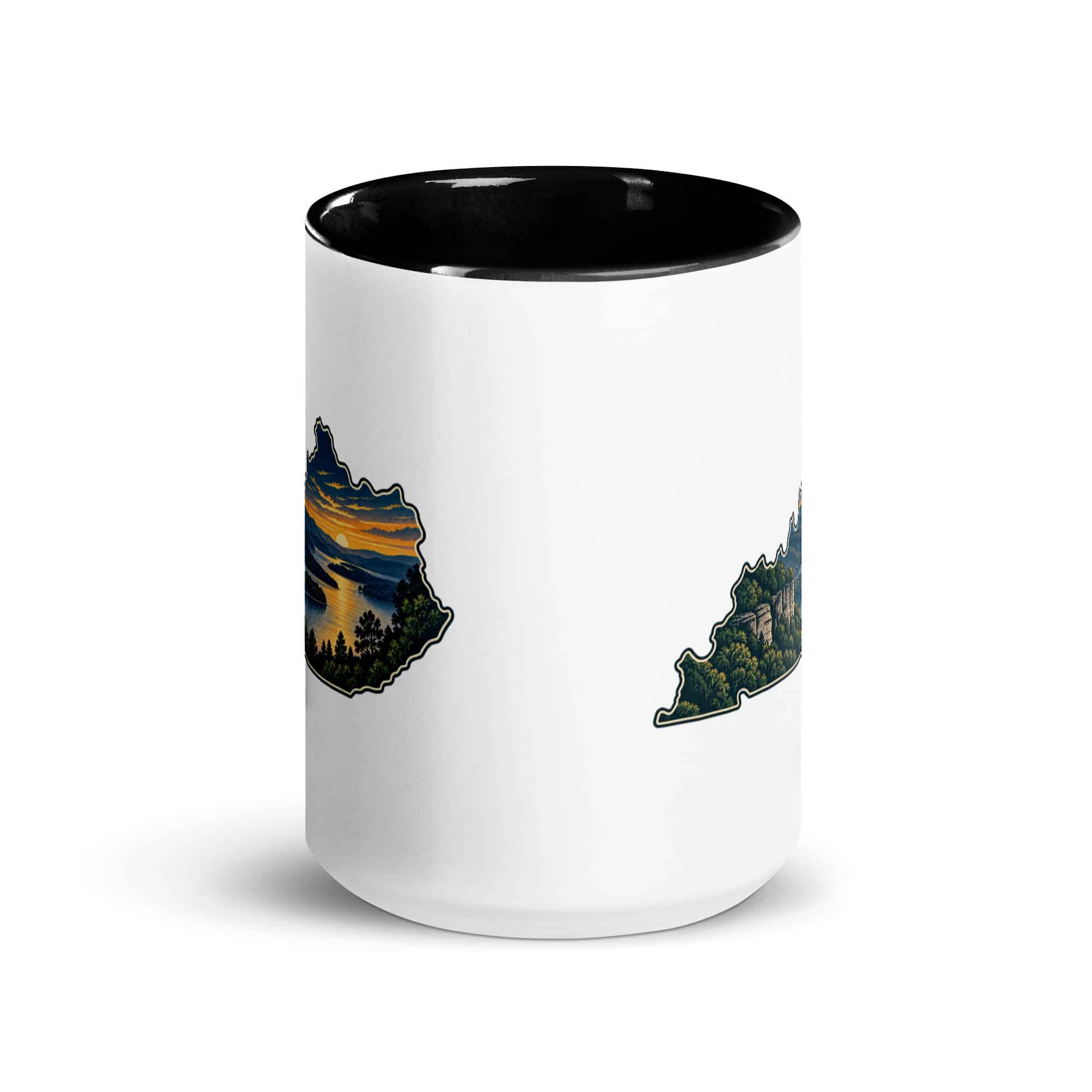 Kentucky Color Inside Coffee Mug: River valley at sunset, Illustrated Kentucky Silhouette