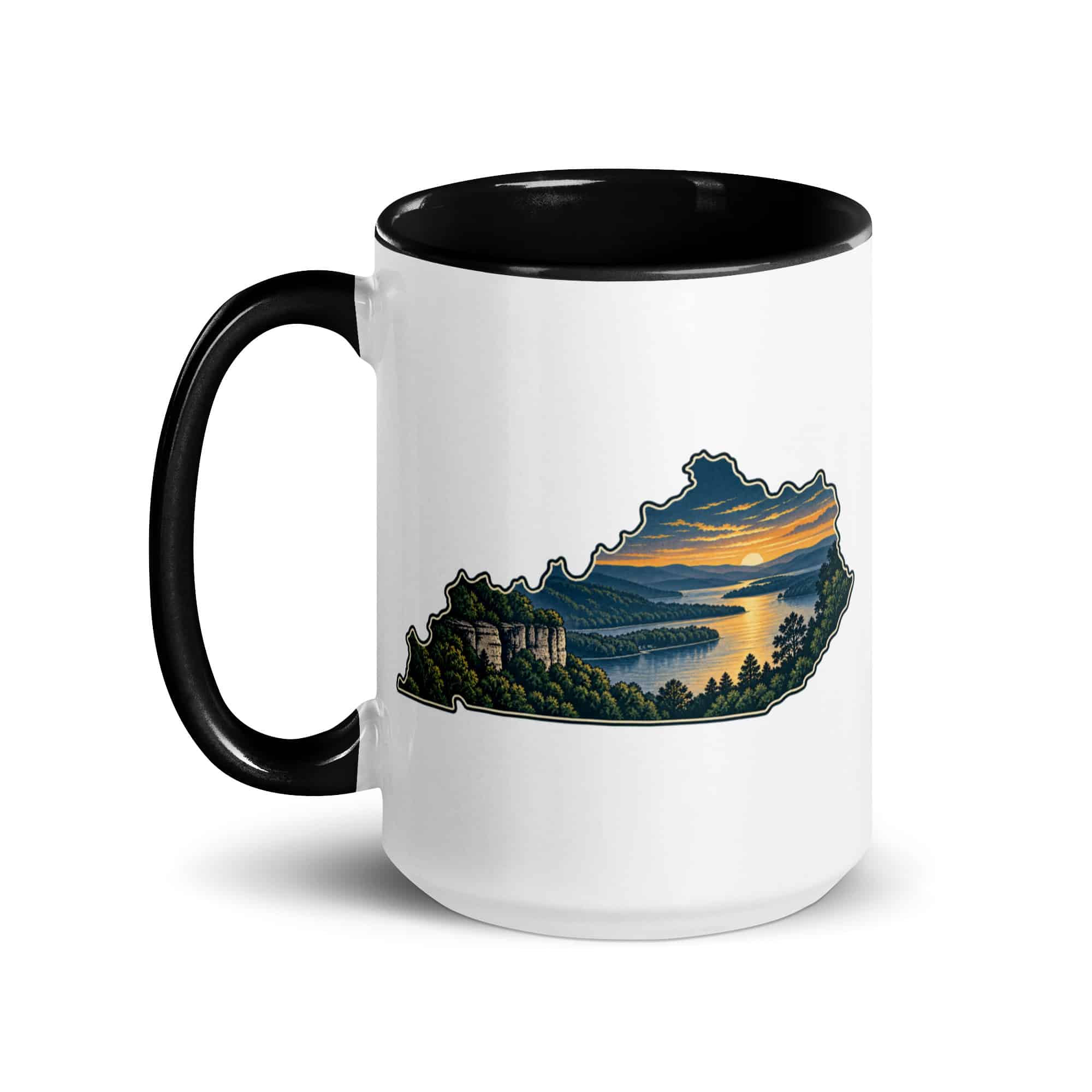 Kentucky Color Inside Coffee Mug: River valley at sunset, Illustrated Kentucky Silhouette