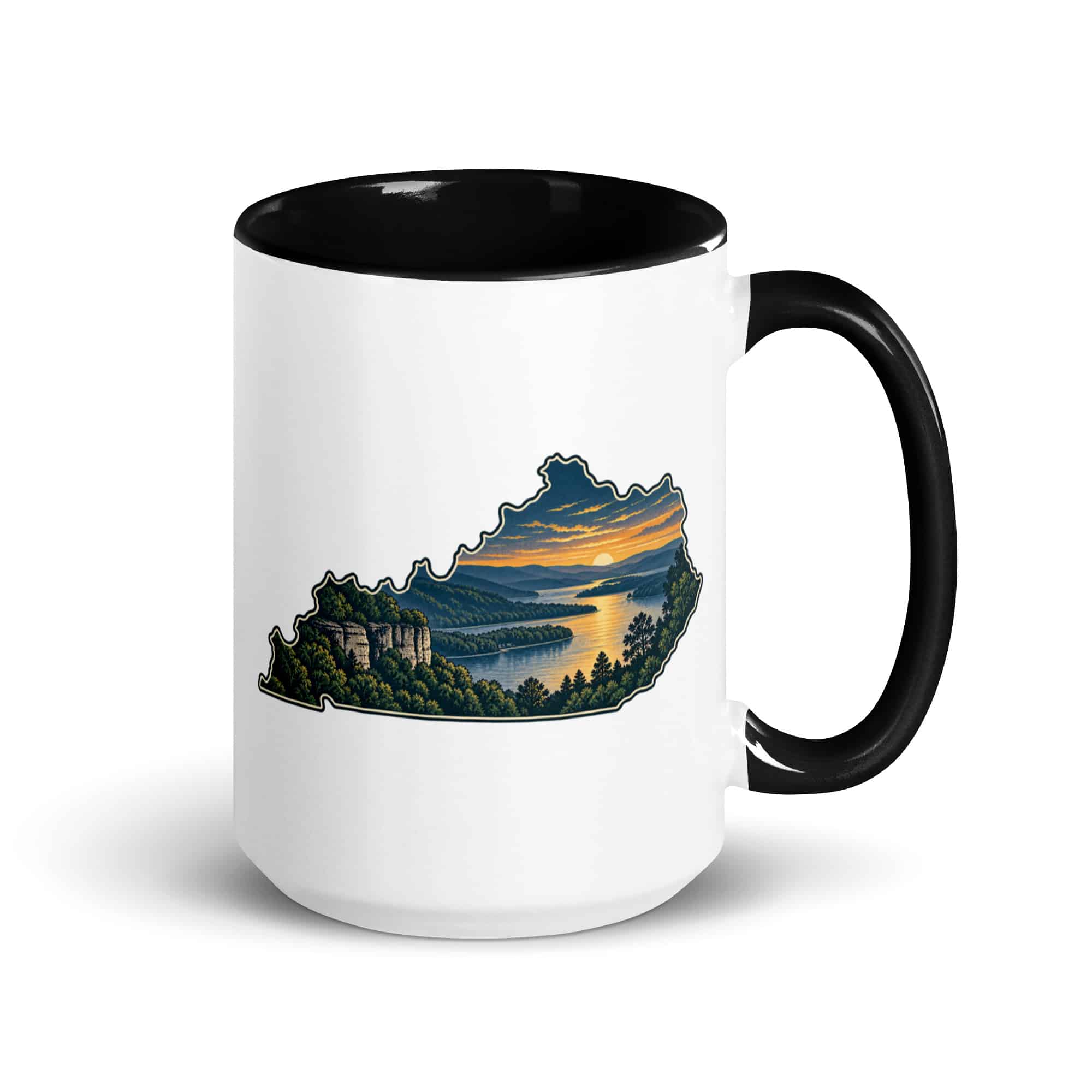 Kentucky Color Inside Coffee Mug: River valley at sunset, Illustrated Kentucky Silhouette