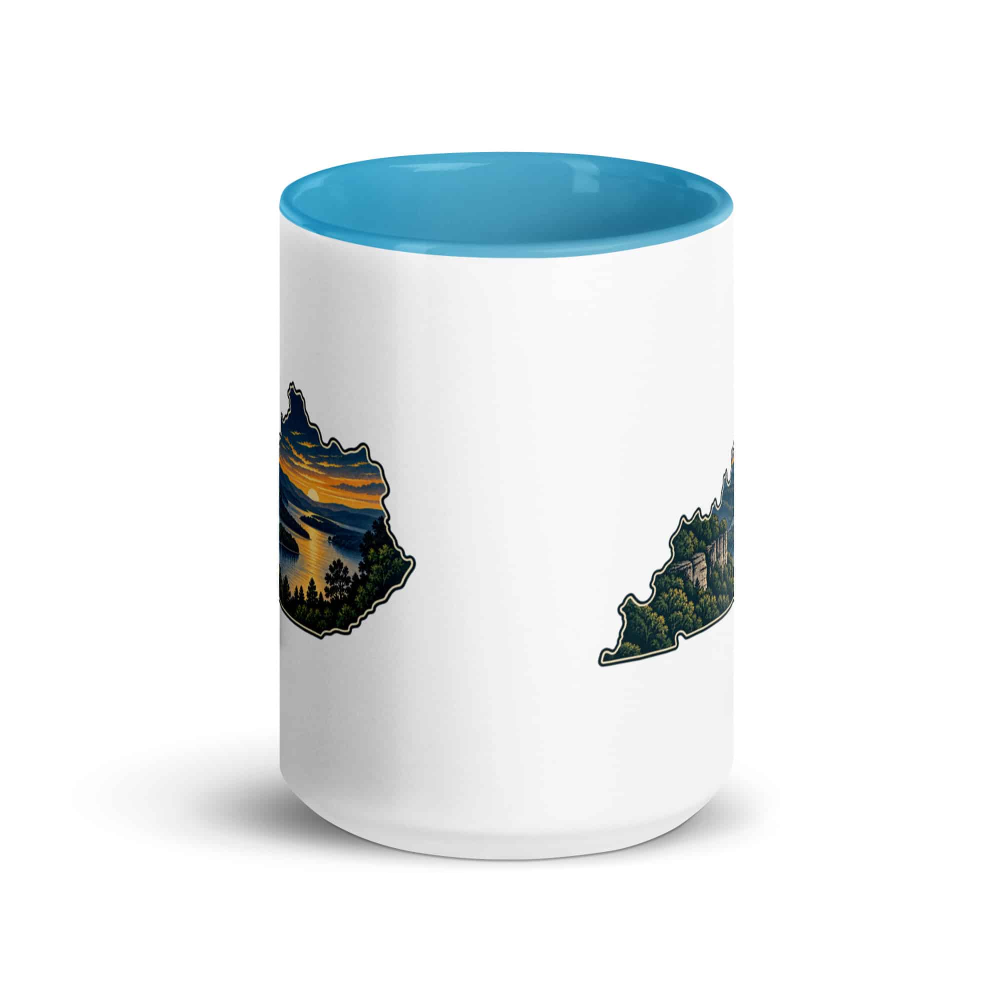 Kentucky Color Inside Coffee Mug: River valley at sunset, Illustrated Kentucky Silhouette