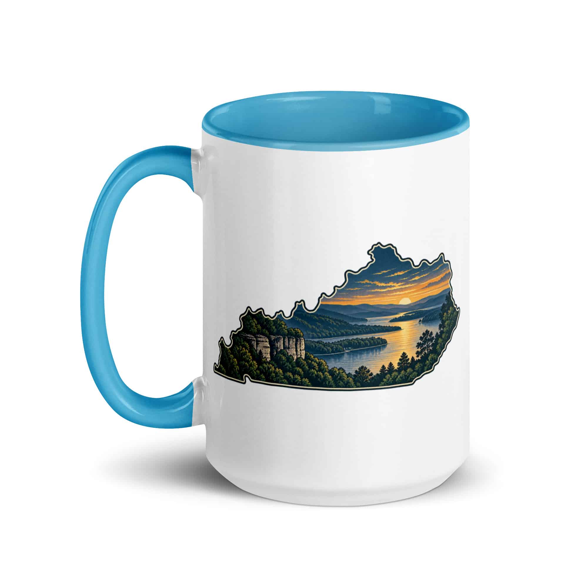 Kentucky Color Inside Coffee Mug: River valley at sunset, Illustrated Kentucky Silhouette