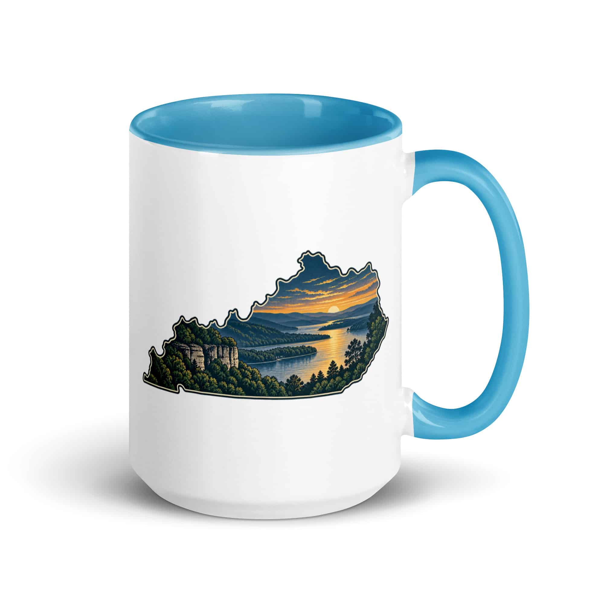 Kentucky Color Inside Coffee Mug: River valley at sunset, Illustrated Kentucky Silhouette