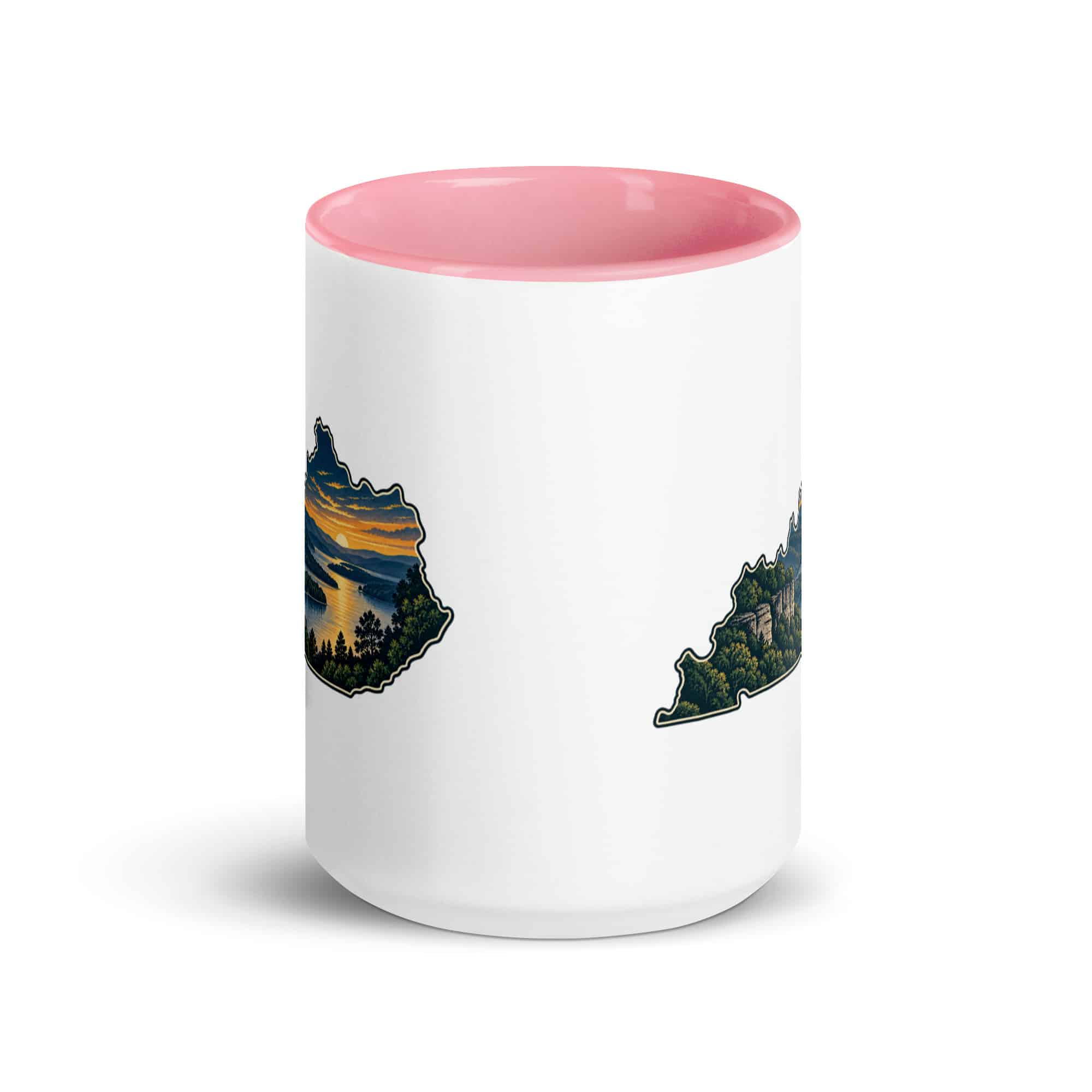 Kentucky Color Inside Coffee Mug: River valley at sunset, Illustrated Kentucky Silhouette