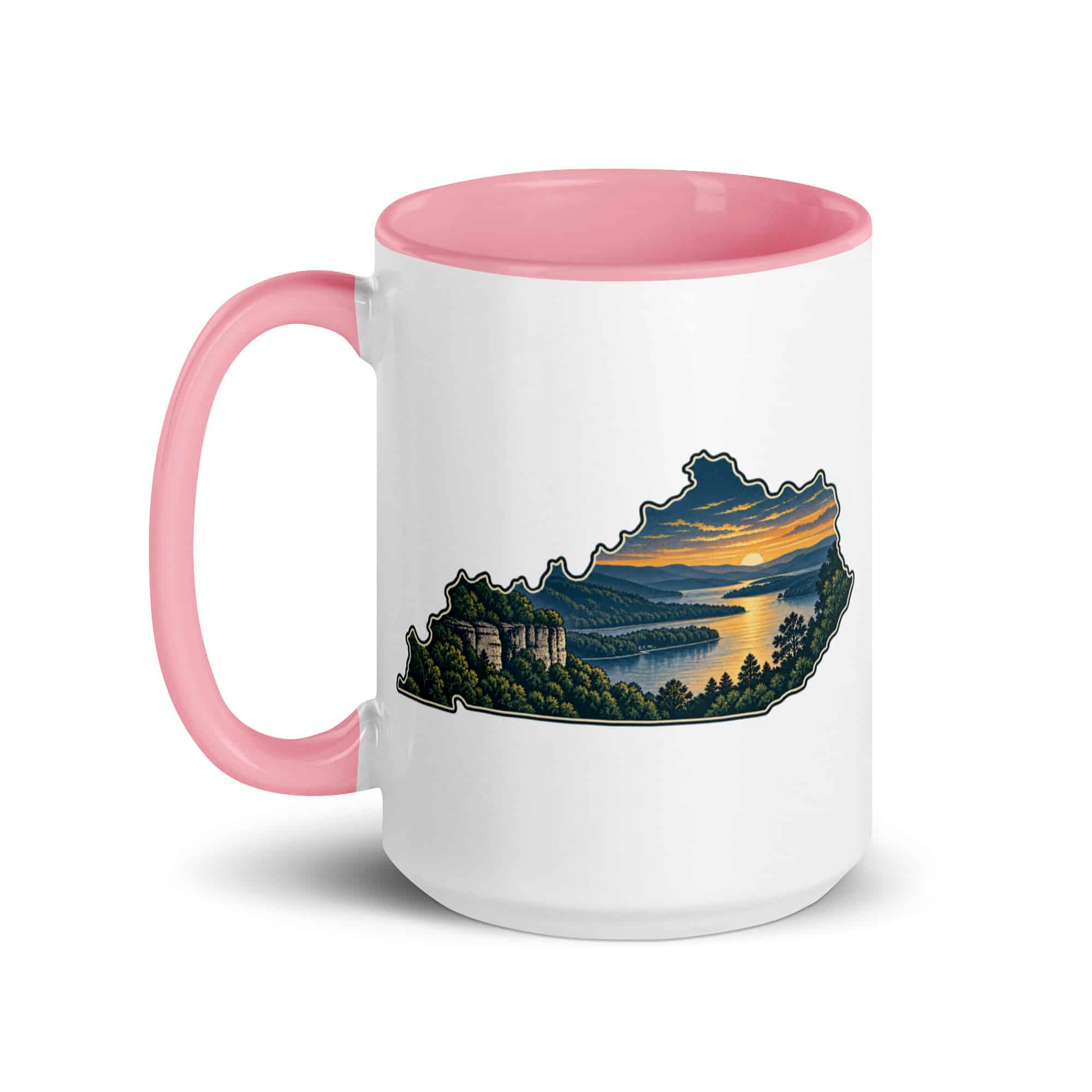 Kentucky Color Inside Coffee Mug: River valley at sunset, Illustrated Kentucky Silhouette