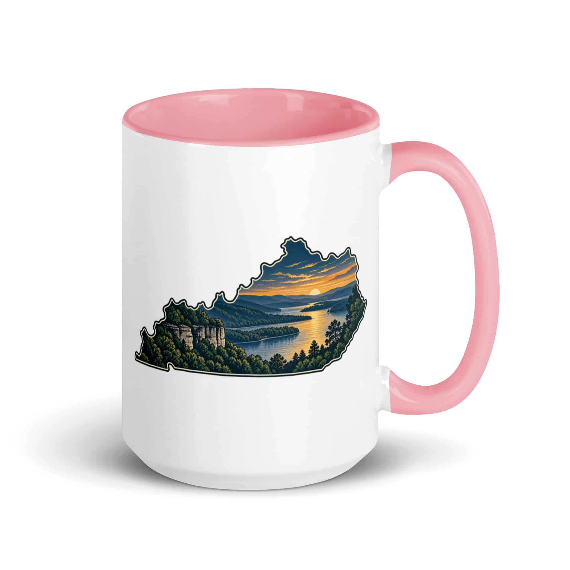 Kentucky Color Inside Coffee Mug: River valley at sunset, Illustrated Kentucky Silhouette