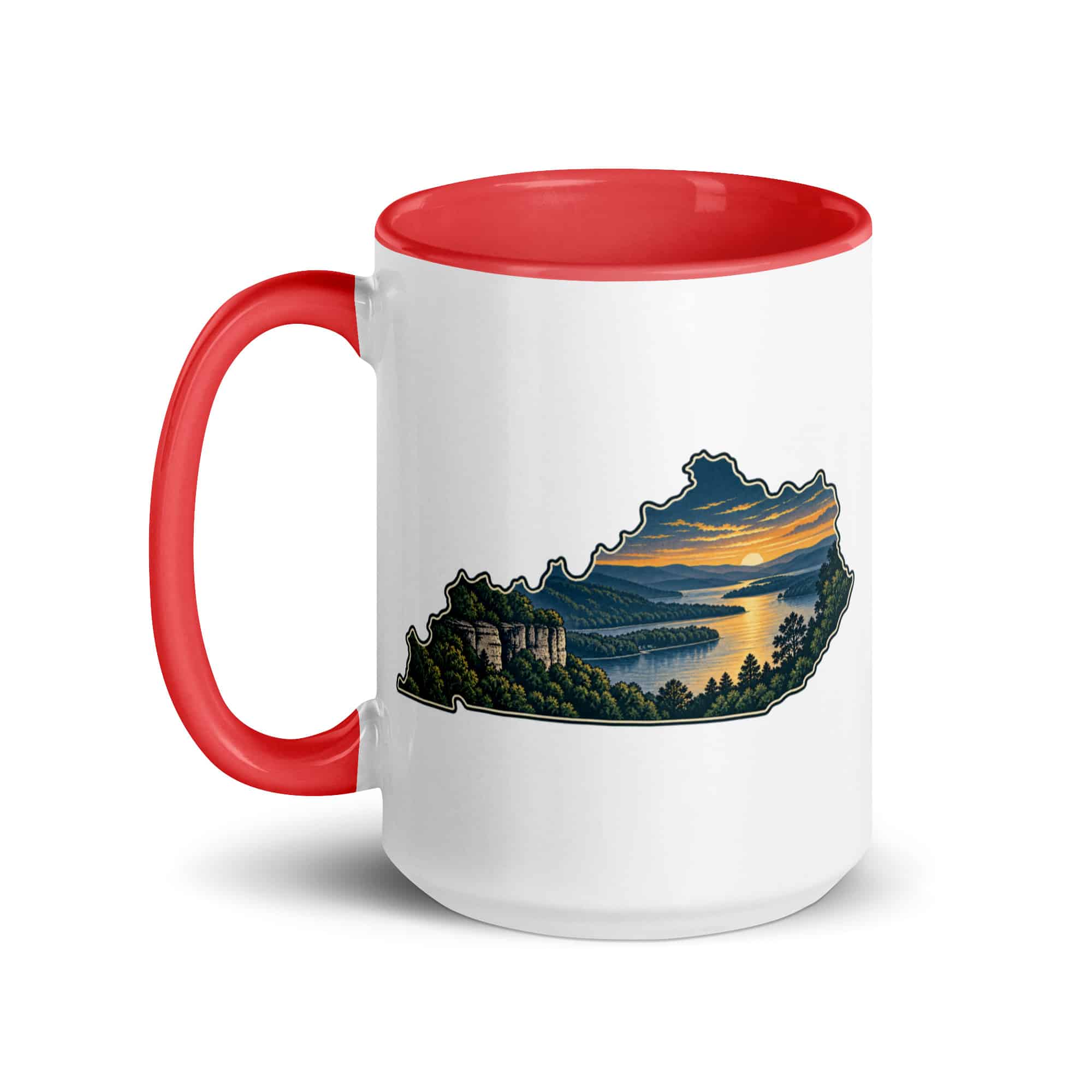 Kentucky Color Inside Coffee Mug: River valley at sunset, Illustrated Kentucky Silhouette