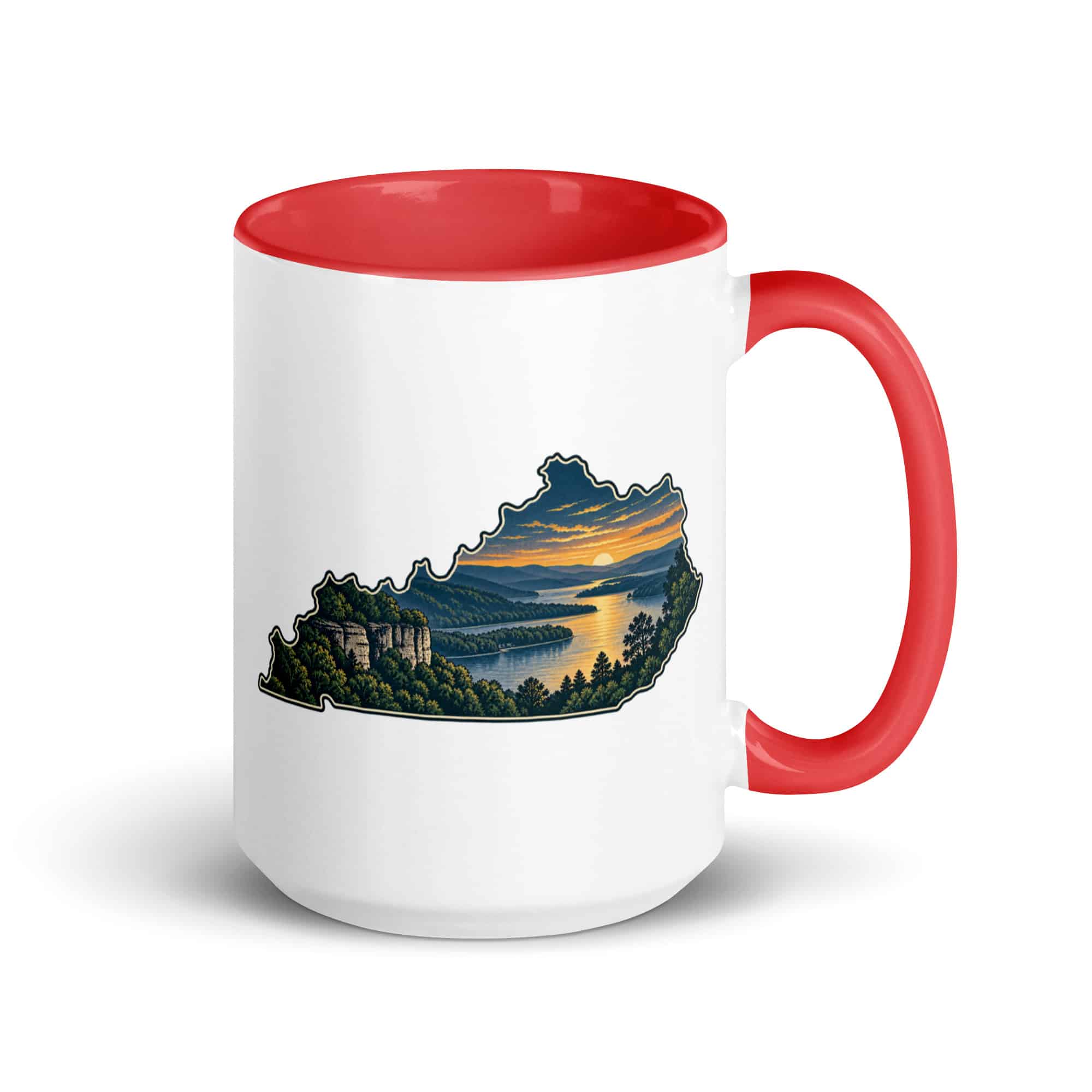 Kentucky Color Inside Coffee Mug: River valley at sunset, Illustrated Kentucky Silhouette